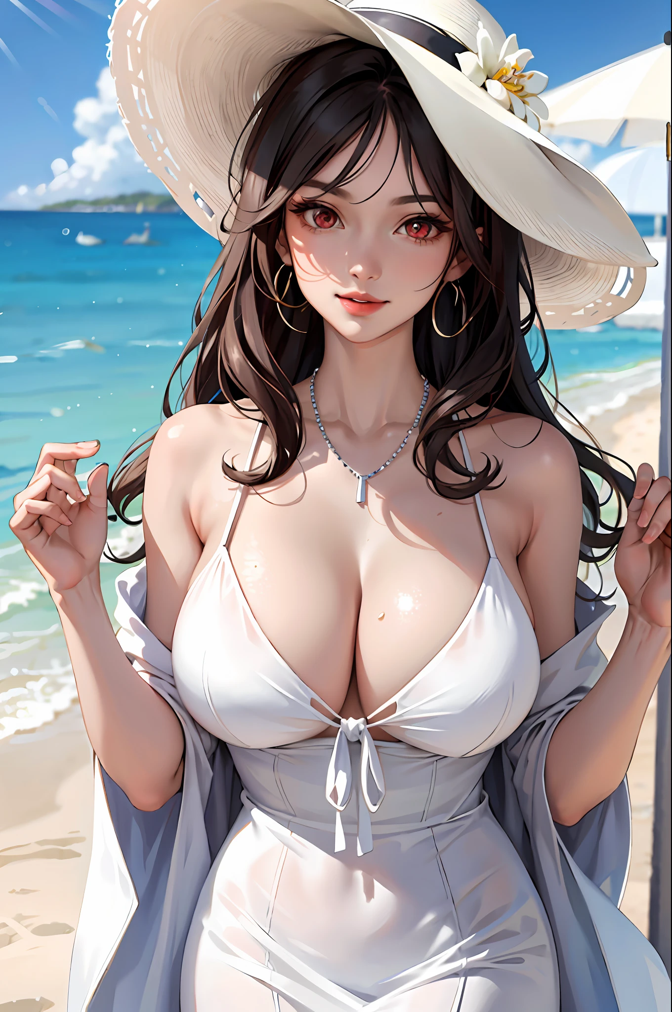 (masterpiece:1.2, best quality), (1lady, solo, upper body:1.2), Clothing: white flowy maxi dress, wide-brimmed hat, strappy sandals, Accessories: shell necklace, Hair: loose beach waves, Makeup: natural, glowing skin, Behavior: relaxed, carefree, free-spirited, Location: beach, resort, outdoor festival, red eyes, huge tits,