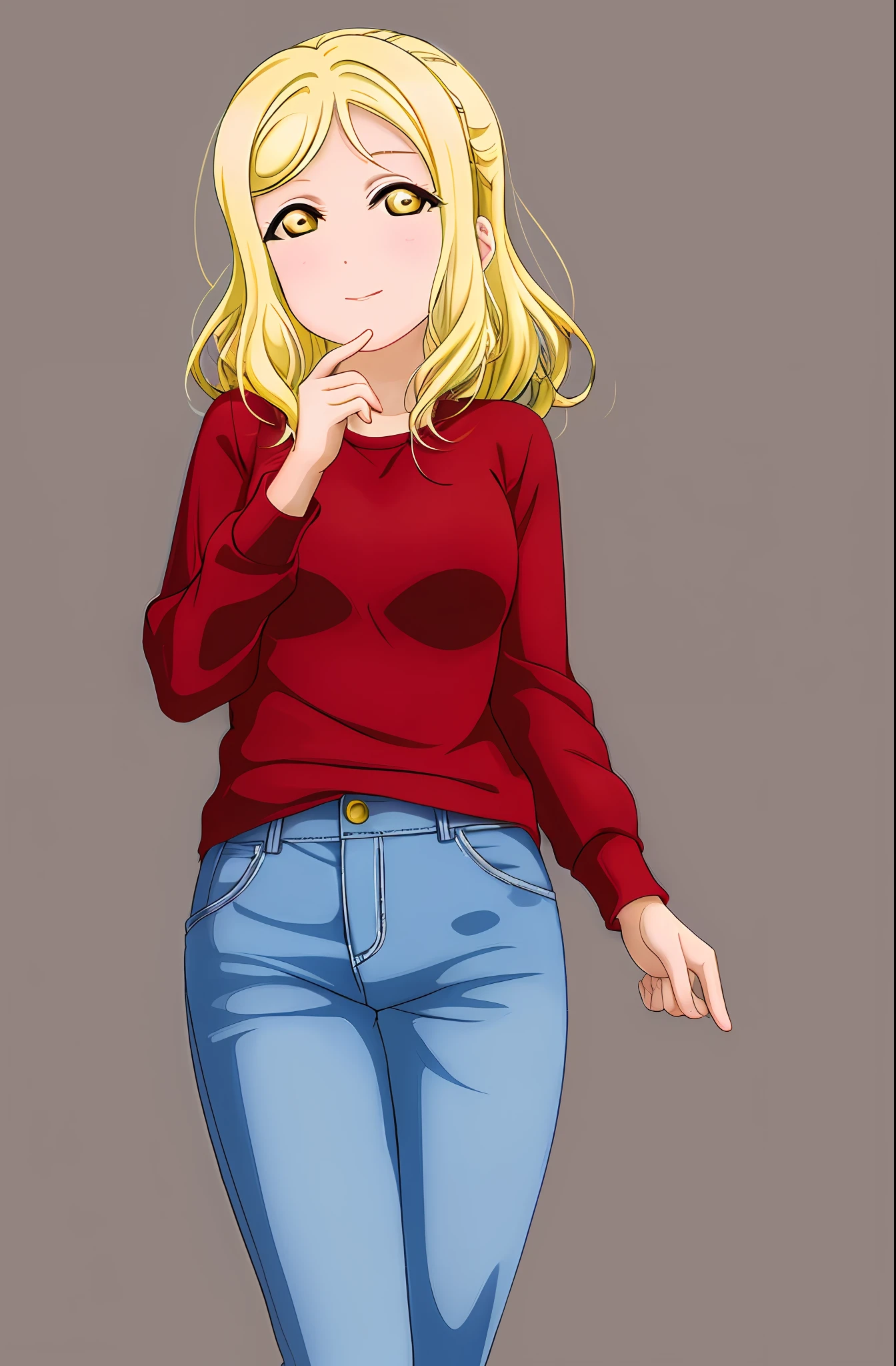 masterpiece, best quality, red long-sleeved shirt, denim pants, blonde hair, greenish yellow eyes, Ohara Mari from Love Live, simple background