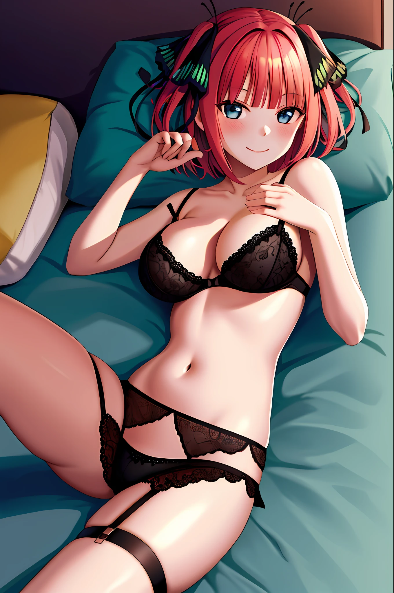 masterpiece, best quality, highres, nn1, 1girl, hair ribbon, short hair, bed, lying, doll lingerie, breast out, sexy pose, smile, happy face, very large breast, nakano nino, spread arm, garter strap, stocking, show armpit, night dress, open crotch, perfect finger, 2 hands, 2 legs, spread legs, transparent, nipple, show stomach,