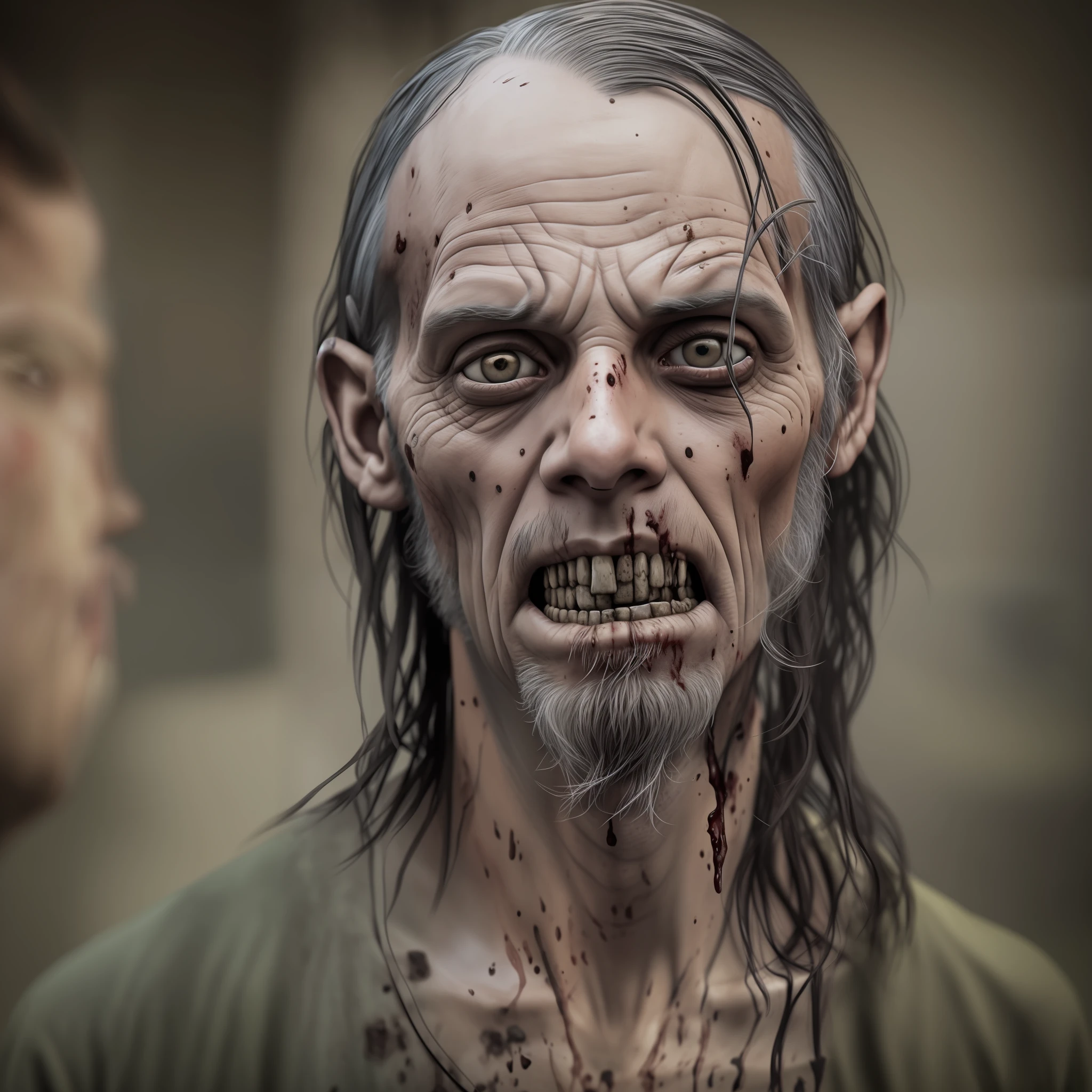 Realistic photo, 1man, Zombie man with a rotten head, thin, greasy hair, nose can, deteriorated, with white eyes, portrait of a zombie, rotten teeth, missing some teeth, half-open mouth, rotten zombie face, horror zombie , facial features of the undead, zombie apocalypse, undead. highly detailed, dead man, ((zombified: 1.2)), (photorealistic: 1.2), best quality, high resolution, realistic, dynamic light, real human skin, (Extremely detailed: 1.2), high-resolution masterpiece , cinematic, 8k .