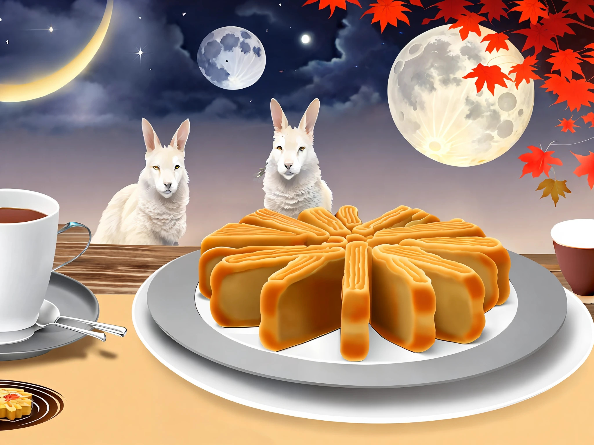 There are crabs on the tray and a cup of tea and Hepu large mooncakes, a beautiful flat illustration, autumn, calm night. Digital illustration, higher detail illustration, cute illustration, starry sky environment in moonlight.