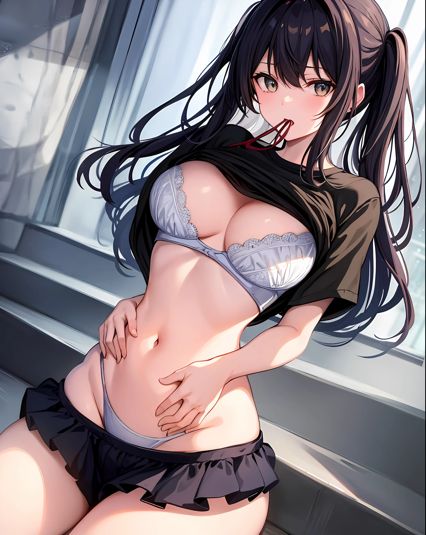 1girl, large breasts,clothes in mouth, cleavage, navel, t-shirt, ((bra)),clothes lift, shirt in mouth,