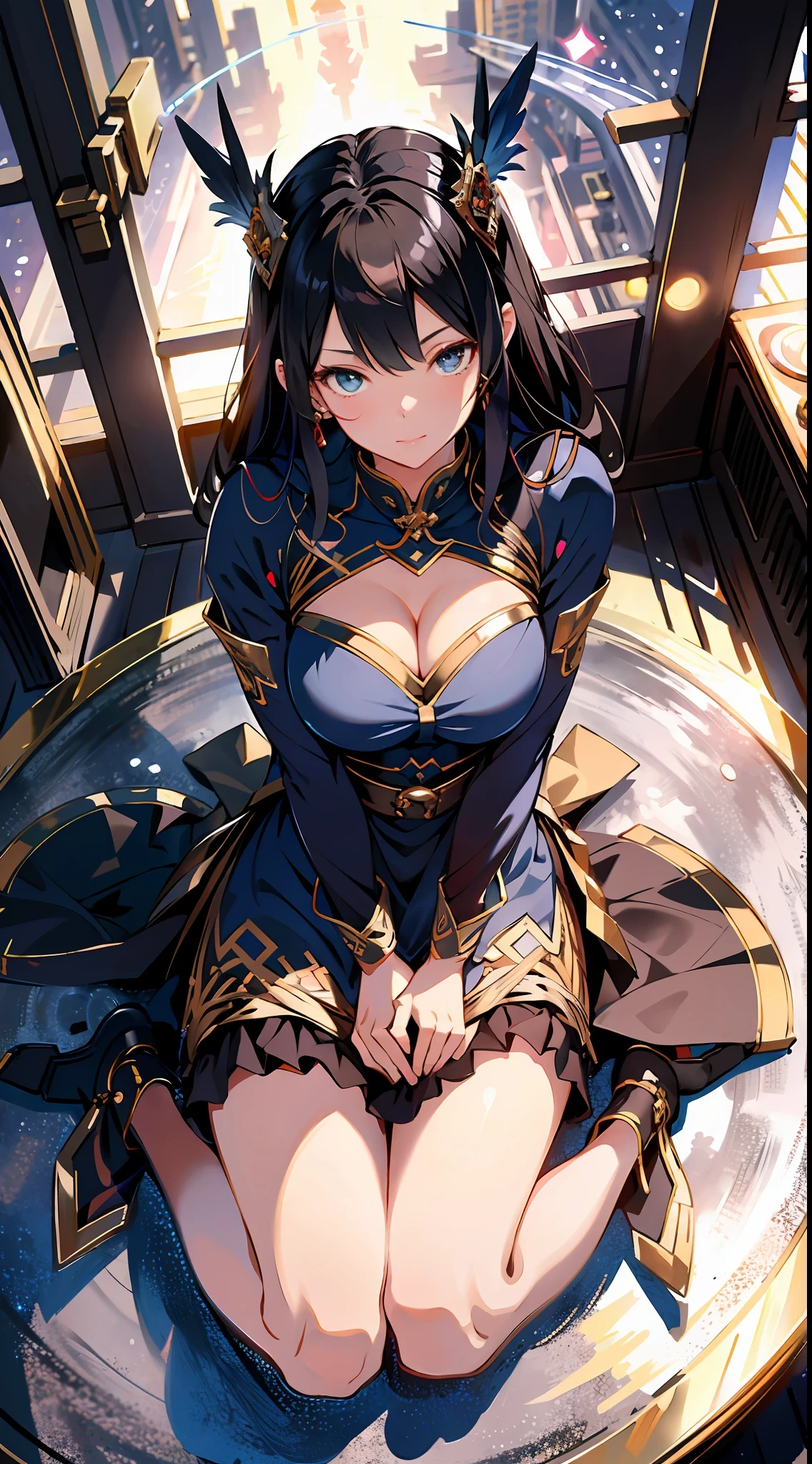 absurd res, high res, (masterpiece:1.4), ultra-detailed, 2girl, from above, space, floating, Chinese dress, blue dress, stockings, black hair, golden eyes, cleavage, focus on cleavage, kneeling, full body