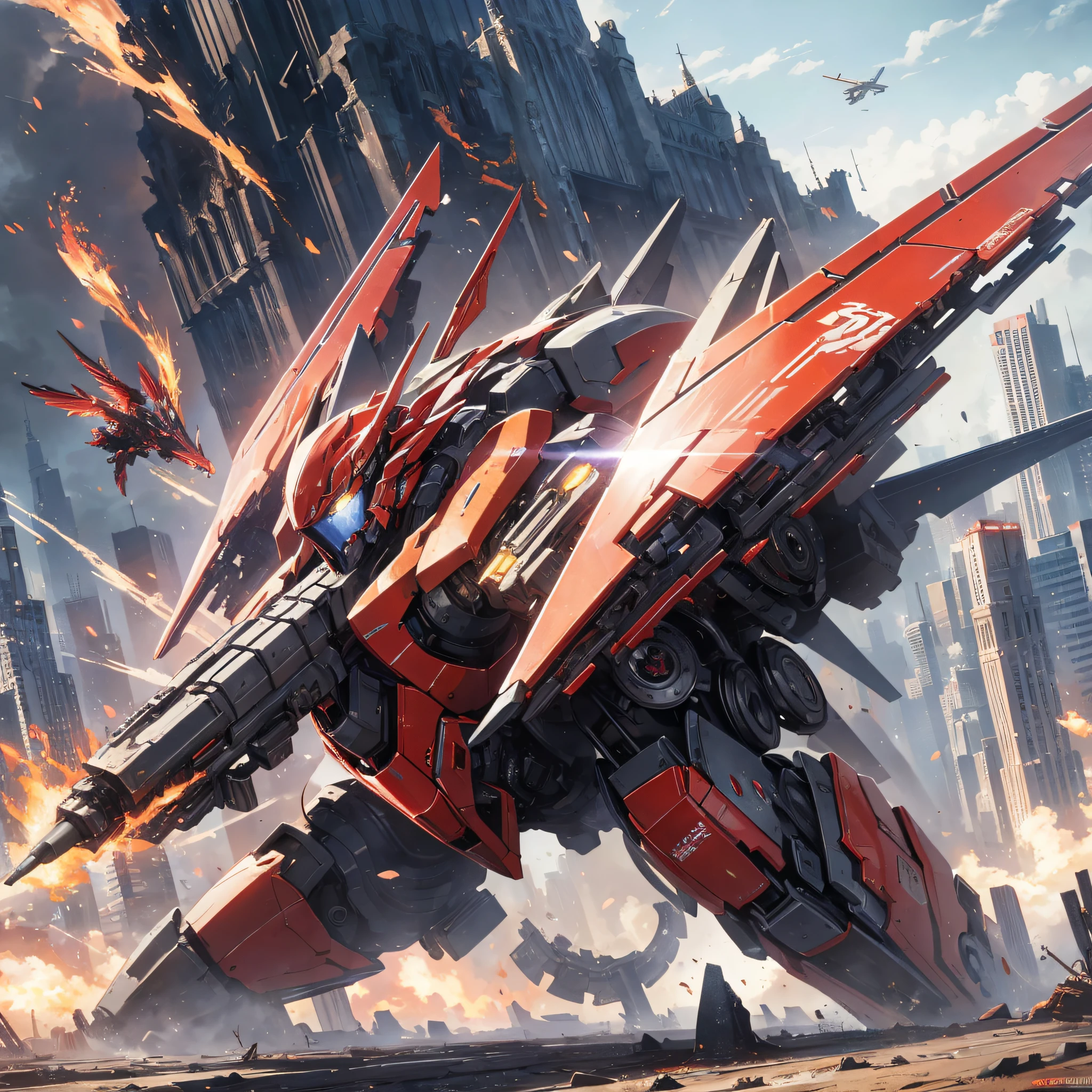 Absurd resolution, high resolution, (masterpiece: 1.4), hyper-detail, a mech, red armor with red wings, floating flight in the sky (1.8) background is wild, fire