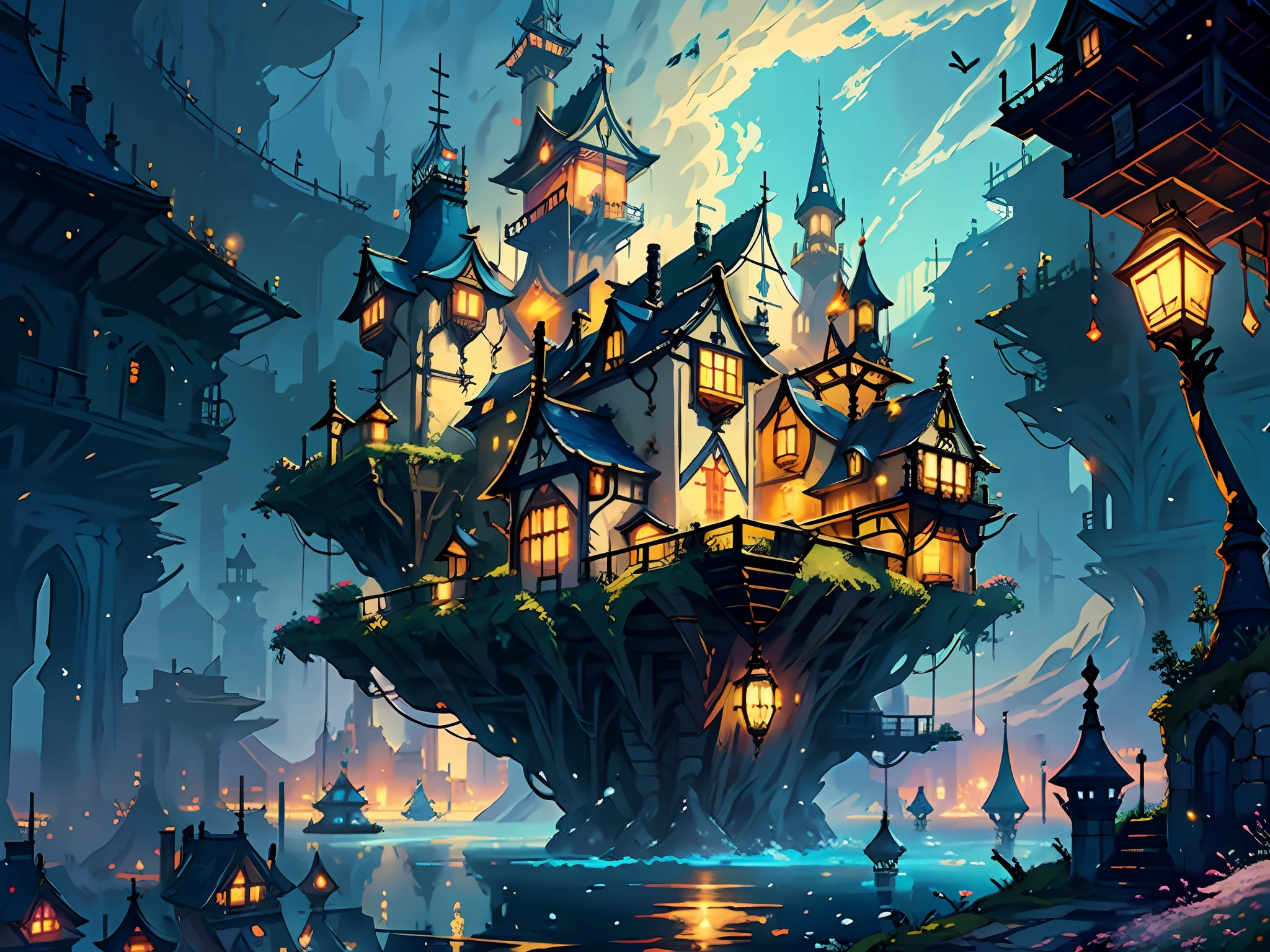 (Fantasy: 1.2), color (Hayao Miyazaki style), sky city, (irregular building floating in the air), patchwork houses, flower decorations, lights, concept art inspired by Andreas Rocha, Artstation contest winner, fantasy art, ross tran, light shafts, realistic lighting, masterpiece, high quality, beautiful graphics, high detail, masterpiece, high quality, beautiful graphics, high detail, --v6