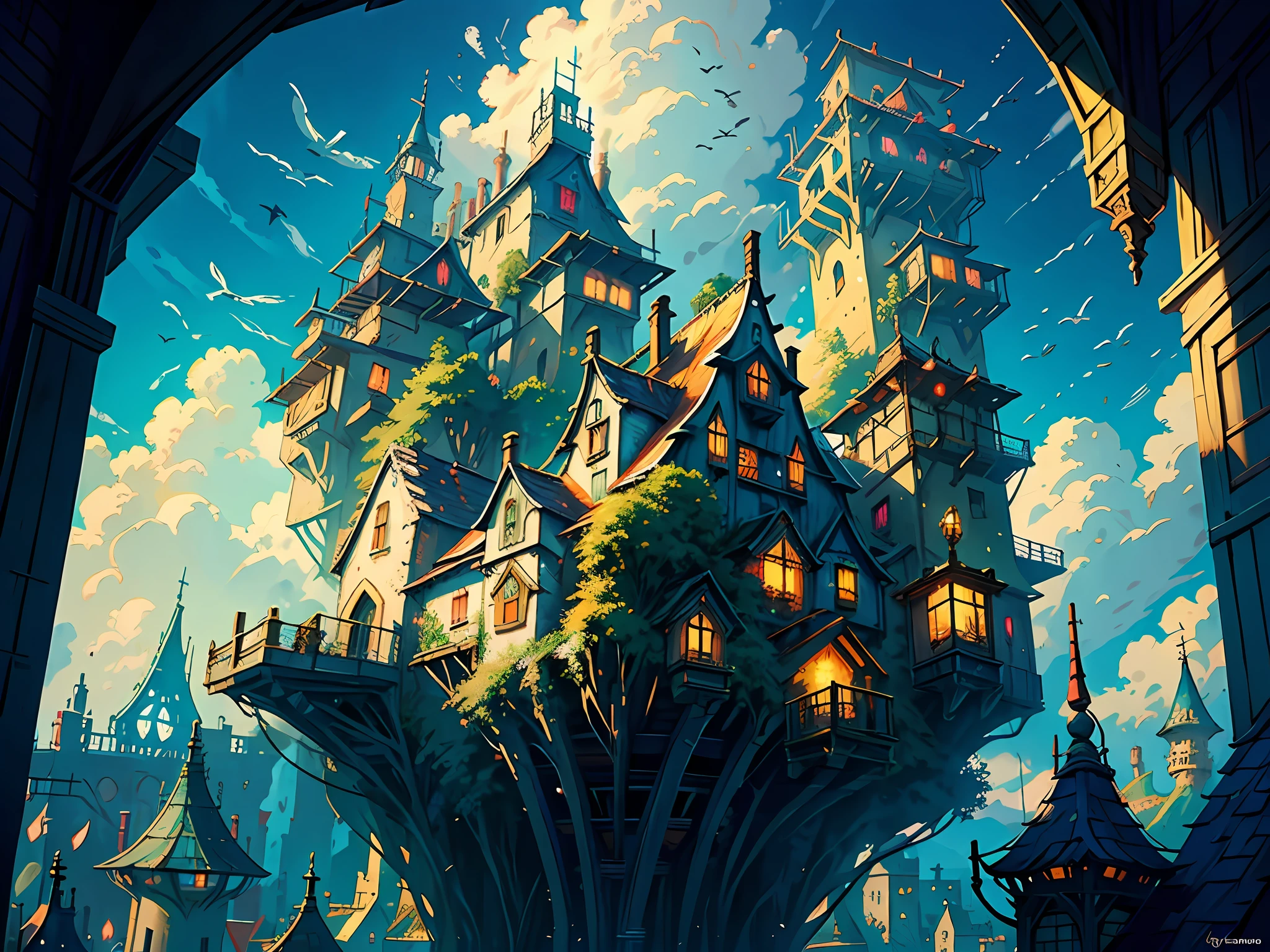 (Fantasy: 1.2), color (Hayao Miyazaki style), sky city, (irregular building floating in the air), patchwork houses, flower decorations, lights, concept art inspired by Andreas Rocha, Artstation contest winner, fantasy art, ross tran, light shafts, realistic lighting, masterpiece, high quality, beautiful graphics, high detail, masterpiece, high quality, beautiful graphics, high detail, --v6