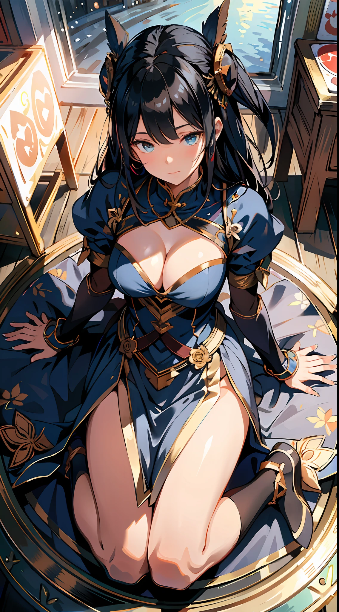 absurd res, high res, (masterpiece:1.4), ultra-detailed, 2girl, from above, space, floating, Chinese dress, blue dress, stockings, black hair, golden eyes, cleavage, focus on cleavage, kneeling, full body