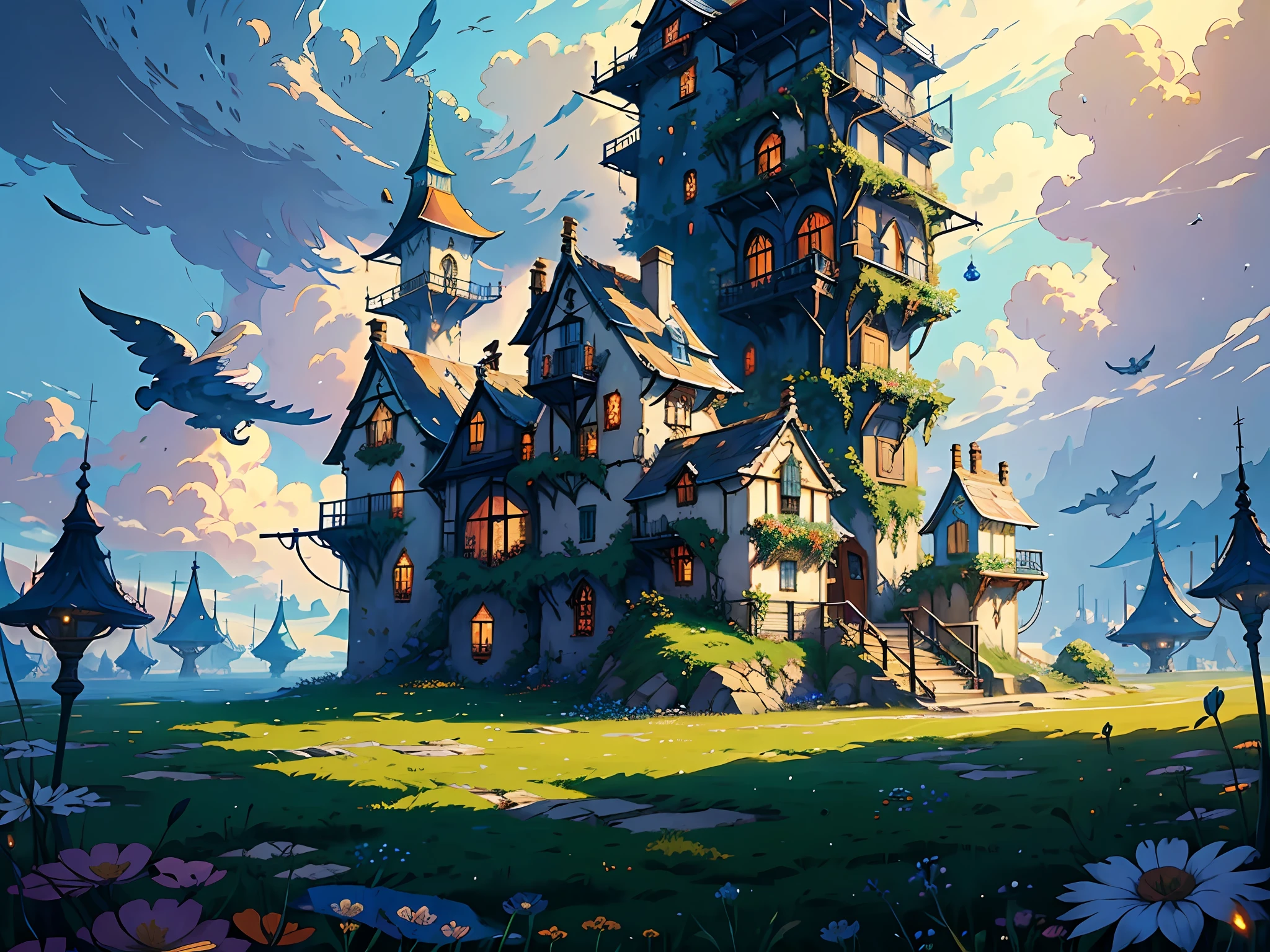 (Fantasy: 1.2), color (Hayao Miyazaki style), sky city, (irregular building floating in the air), patchwork houses, flower decorations, lights, concept art inspired by Andreas Rocha, Artstation contest winner, fantasy art, ross tran, light shafts, realistic lighting, masterpiece, high quality, beautiful graphics, high detail, masterpiece, high quality, beautiful graphics, high detail, --v6