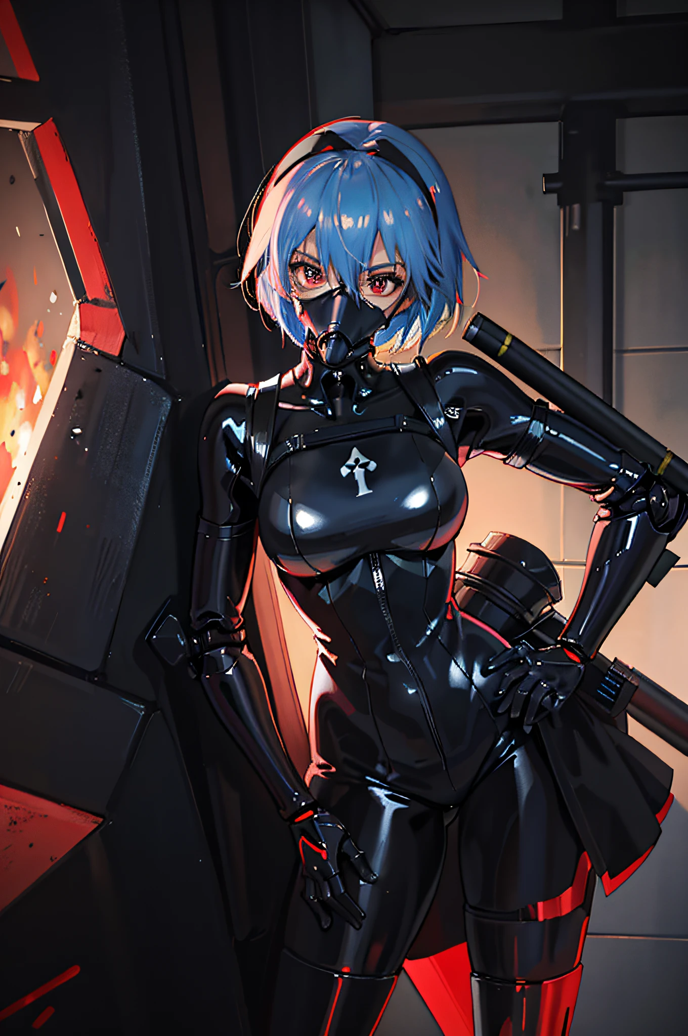 A cartoon image of latex woman wearing gas mask, Opai cyberpunk, black shiny armor, 2B, 2 B, Dominatrary assassin robot with katana strapped to her back, red and black, robot heroine, rubber suit, black and blue, rogue anime girl Rei Ayanami, Tik, biomechanics Opai