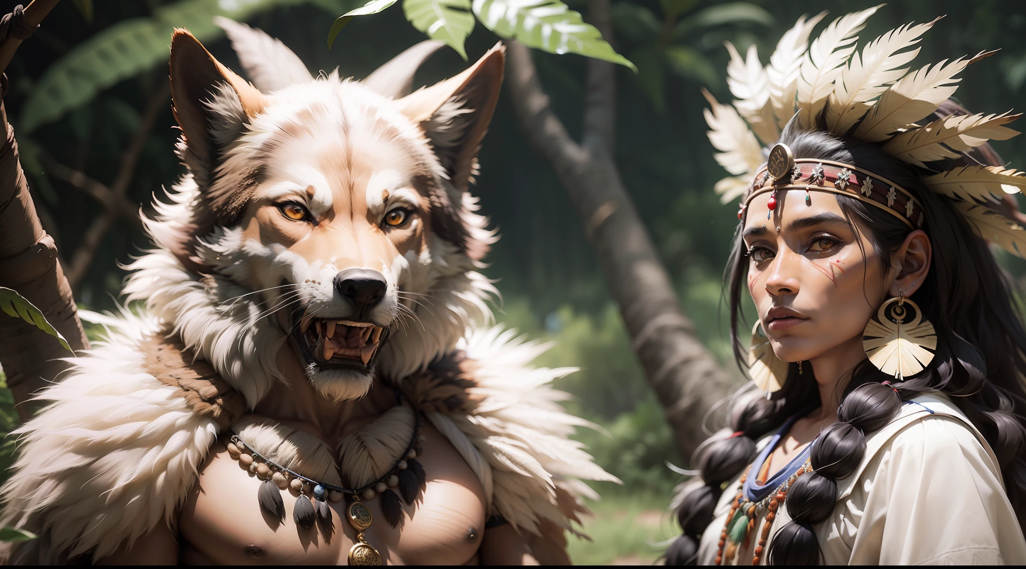 Káiri. Káiri, indio cabeça de lobo, amazon forest, indios, werewolf with indigenous costumes, late eighteenth century, realism, photo realism, 8k