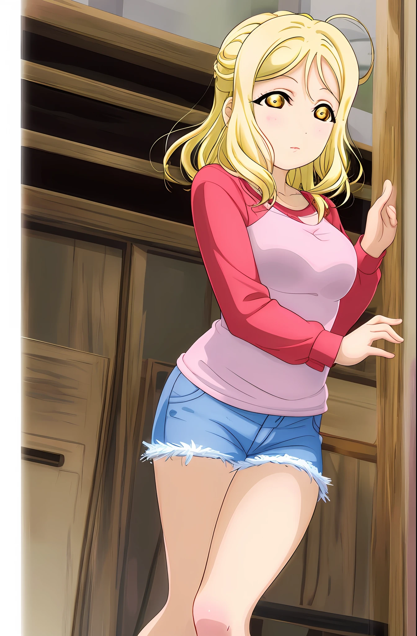 masterpiece, best quality, red long-sleeved shirt, denim pants, blonde hair, greenish yellow eyes, Ohara Mari from Love Live, simple background