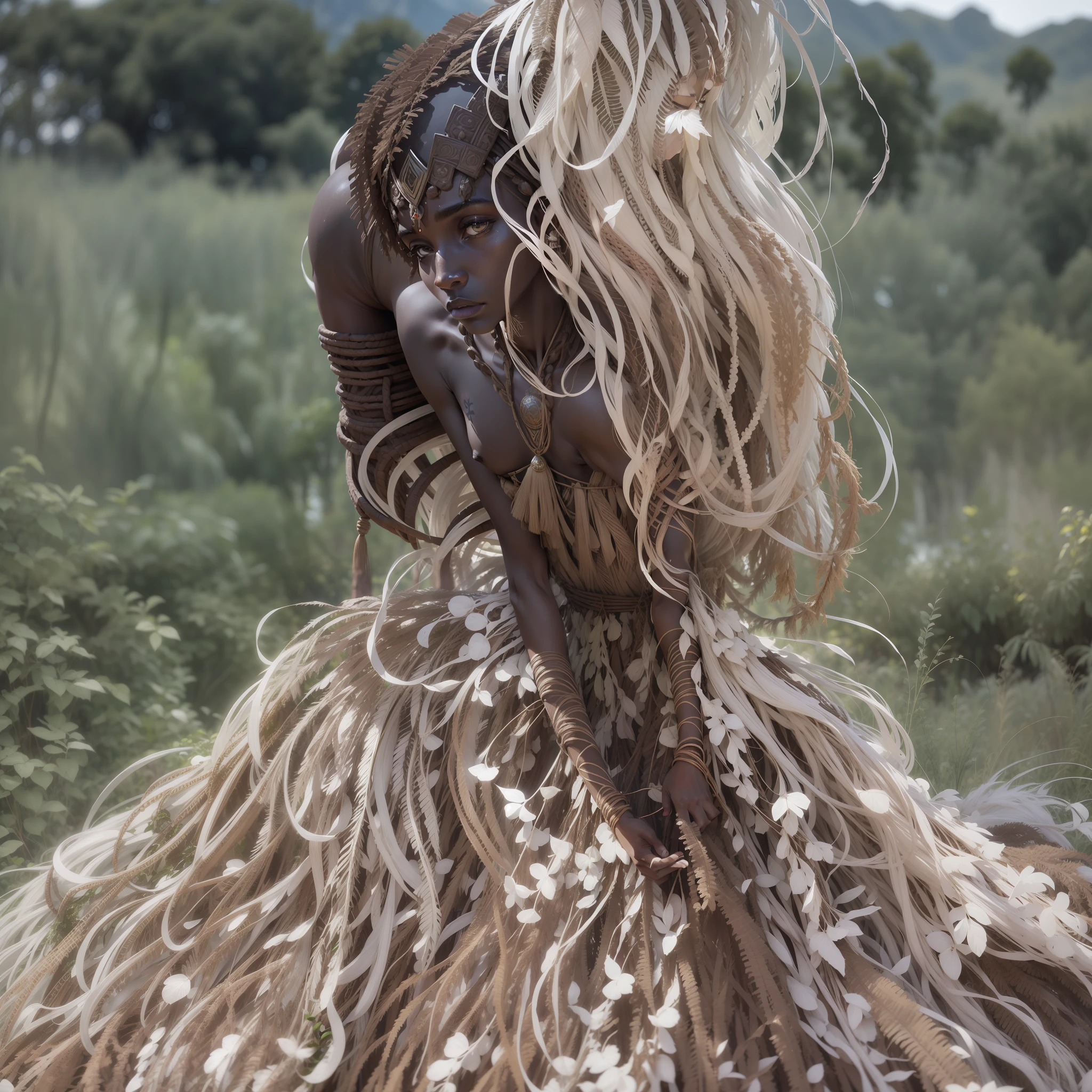 Arafed man and a big headdress, mud man from new Guinea, beautiful humanoids anthropological photography, enigmatic natural beauty, wearing a dress made of vines, beautiful texture, cloth loin, goddess of nature, brown skin like earth, great pinterest photo, by Alasdair Grant Taylor, beautiful representation, white skirt and more nude