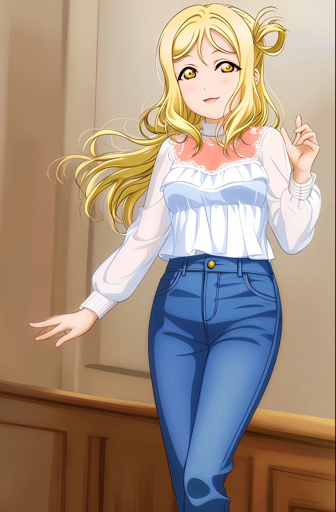 masterpiece, best quality, red long-sleeved shirt, denim pants, blonde hair, greenish yellow eyes, Ohara Mari from Love Live, simple background