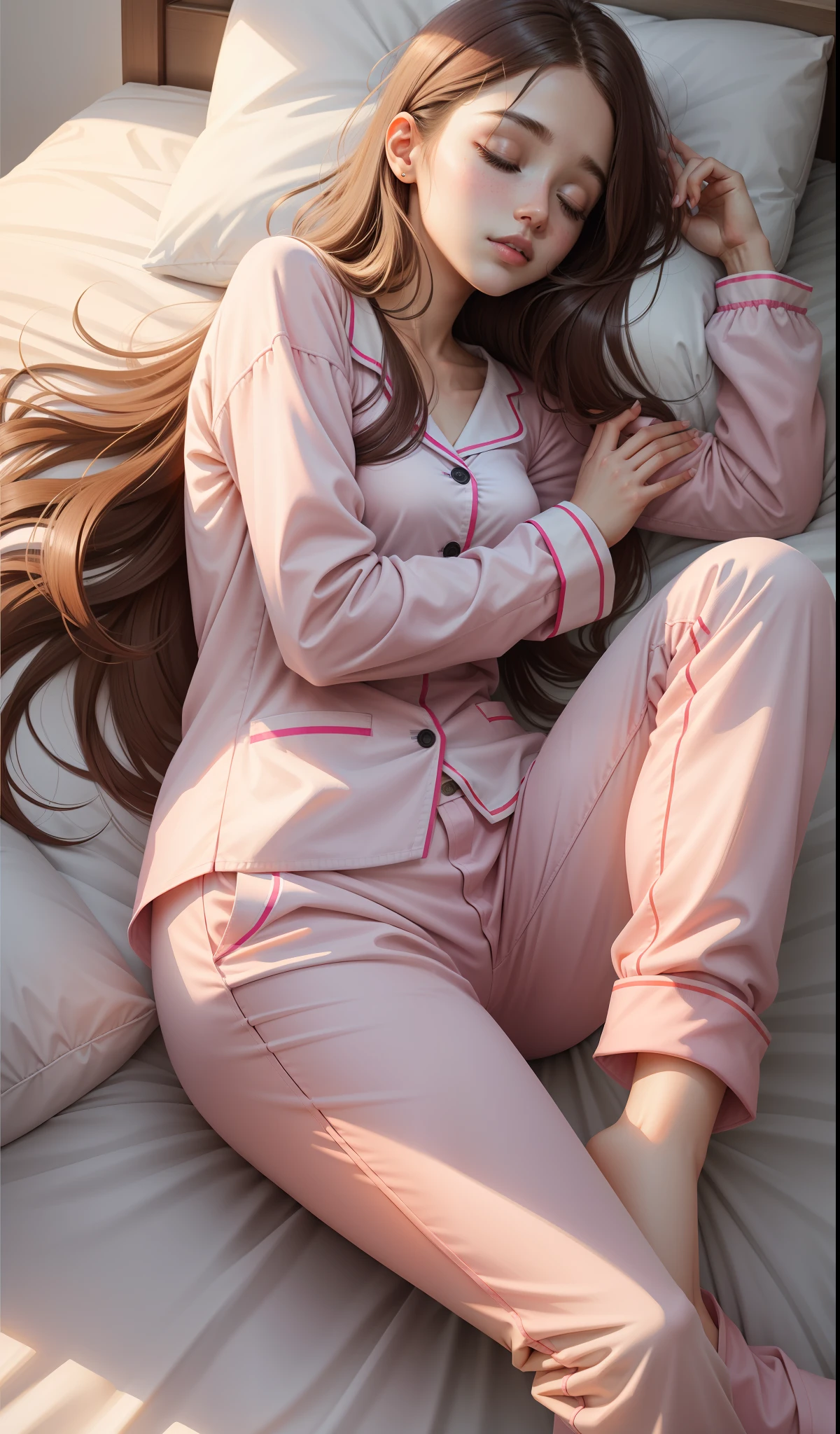 Sleeping girl, 22 years old, realistic, she is wearing long pants, she is wearing pink pajama, brown hair.