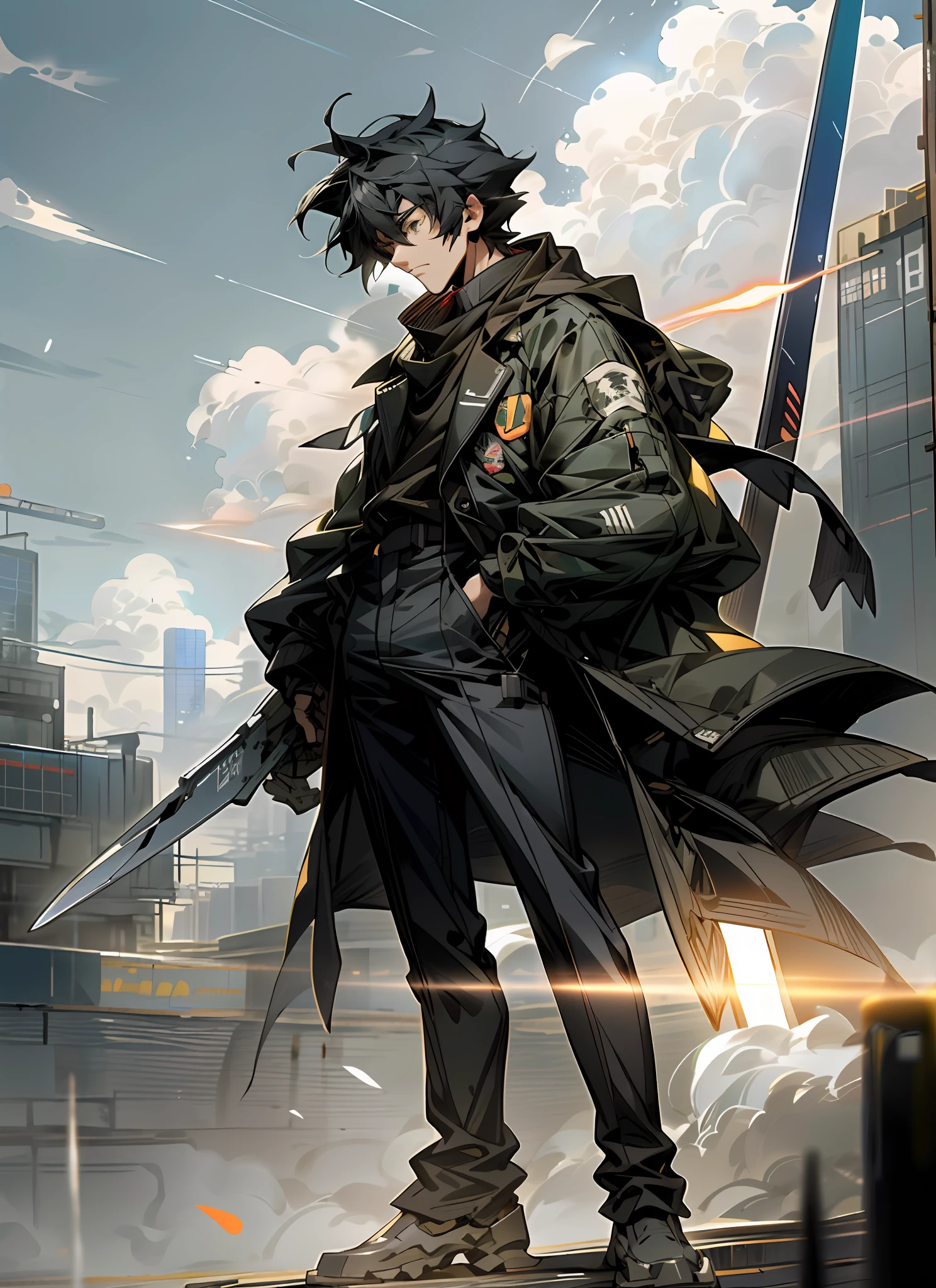 sky, clouds, holding_weapon, no_humans, glowing, , robot, building, glowing_eyes, mecha, science_fiction, city, real, mecha, anime old man in black military uniform with gray hair, 4k manga wallpaper, no text, Makoto Shinkai style, far !!, far off, Makoto Shinkai. Digital rendering, Makoto Shinkai art style, shoulder visible, Gwise and Makoto Shinkai, full body view in the distance, old man, old man, old man