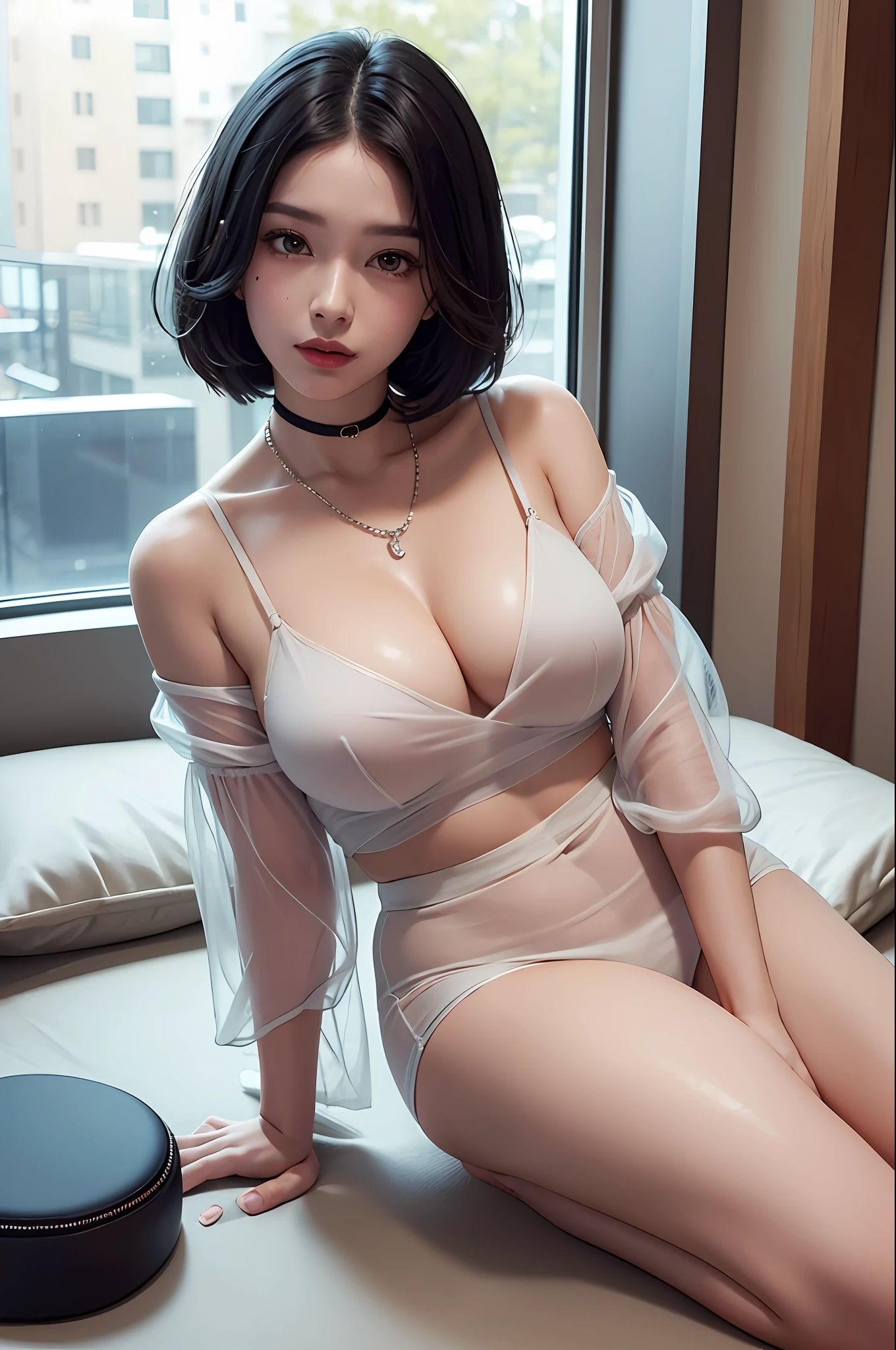 Black hair bob, (8k, RAW photo, photorealistic: 1.25), (very much lip gloss, many eyelashes, highest quality, ultra high resolution, depth of field, chromatic aberration, caustics, wide light, natural color, Japanese , Female in her 30s) Staring at the viewer, necklace, bracelet, choker, full body, big breasts, mole on chest, bare legs, see-through blouse