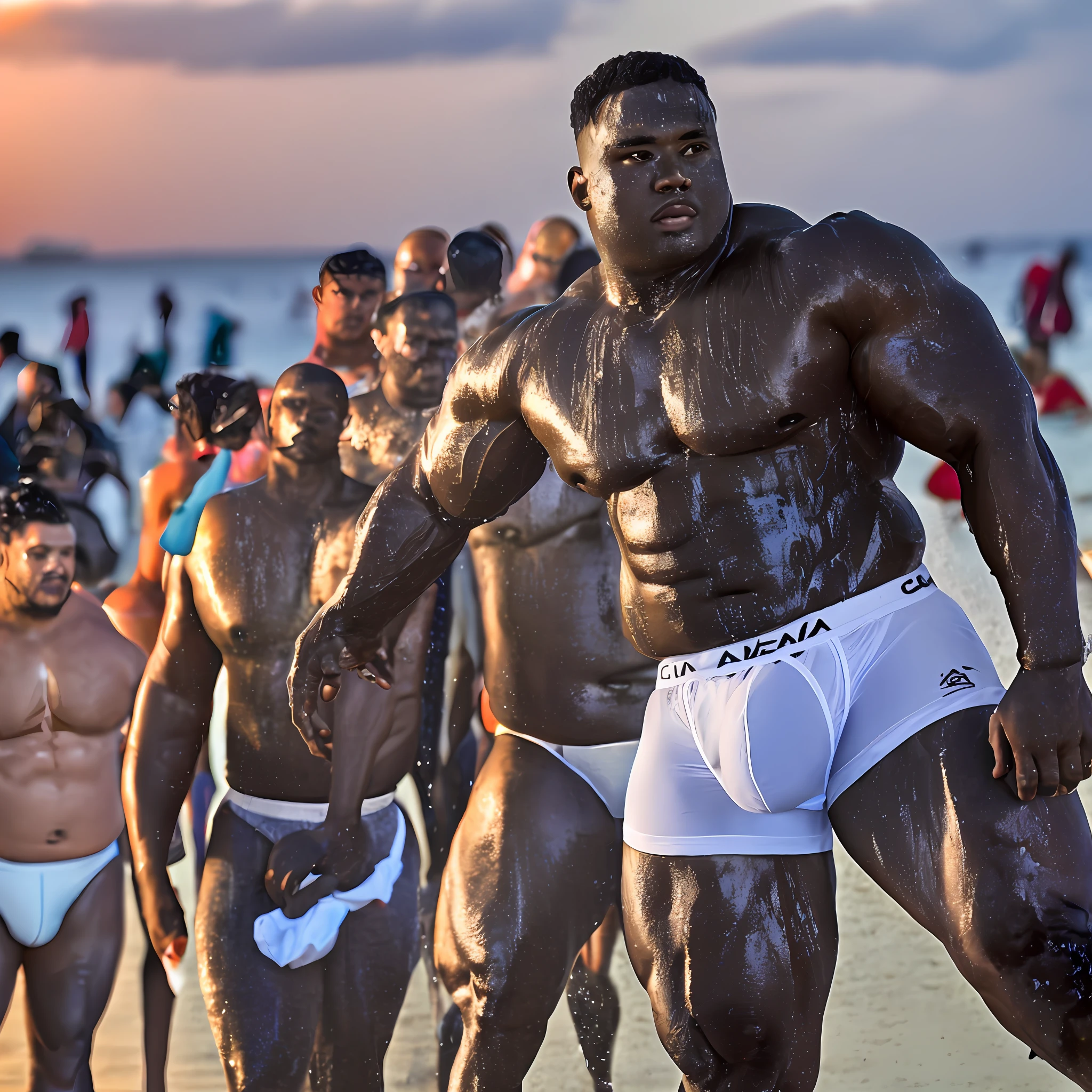 Chubby, black man, muscular, walking, wet sheer white underwear, big bulge in underwear, crowded beach at sunset, realistic detailed faces, penis_print