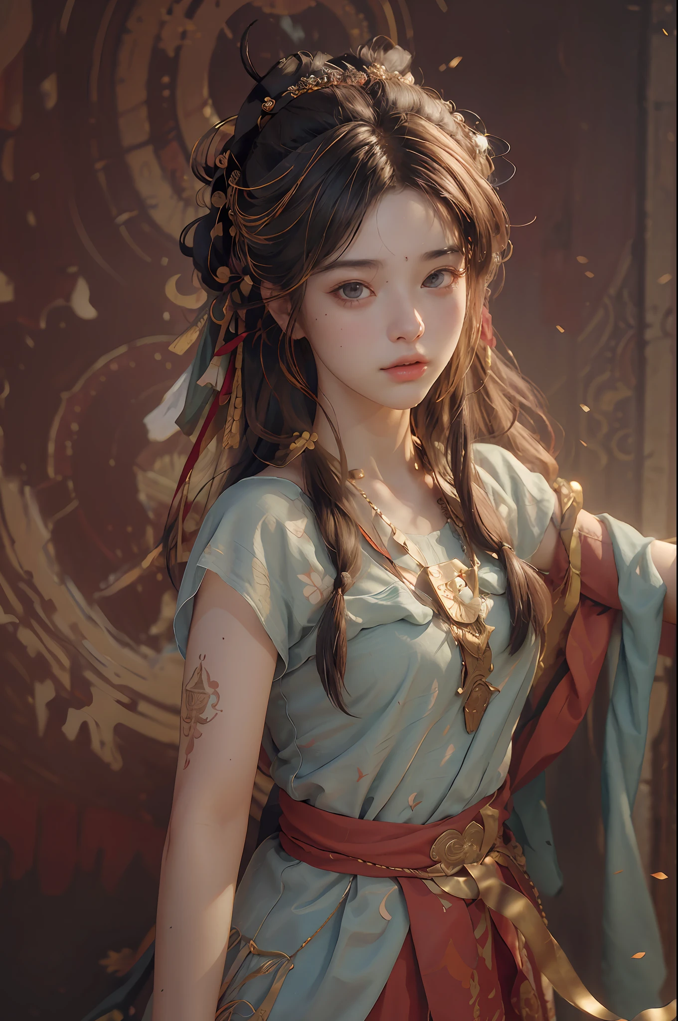 (RAW photo, best quality), (realistic, photo-realistic:1.3),best quality,highly detailed,masterpiece,ultra-detailed,illustration,1girl,upper_body,dynamic angle,world masterpiece theater,messy_long_hair,best quality,extremely detailed CG unity 8k wallpaper,ink,Amazing,cinematic lighting,lens_flare, dunhuang_style
