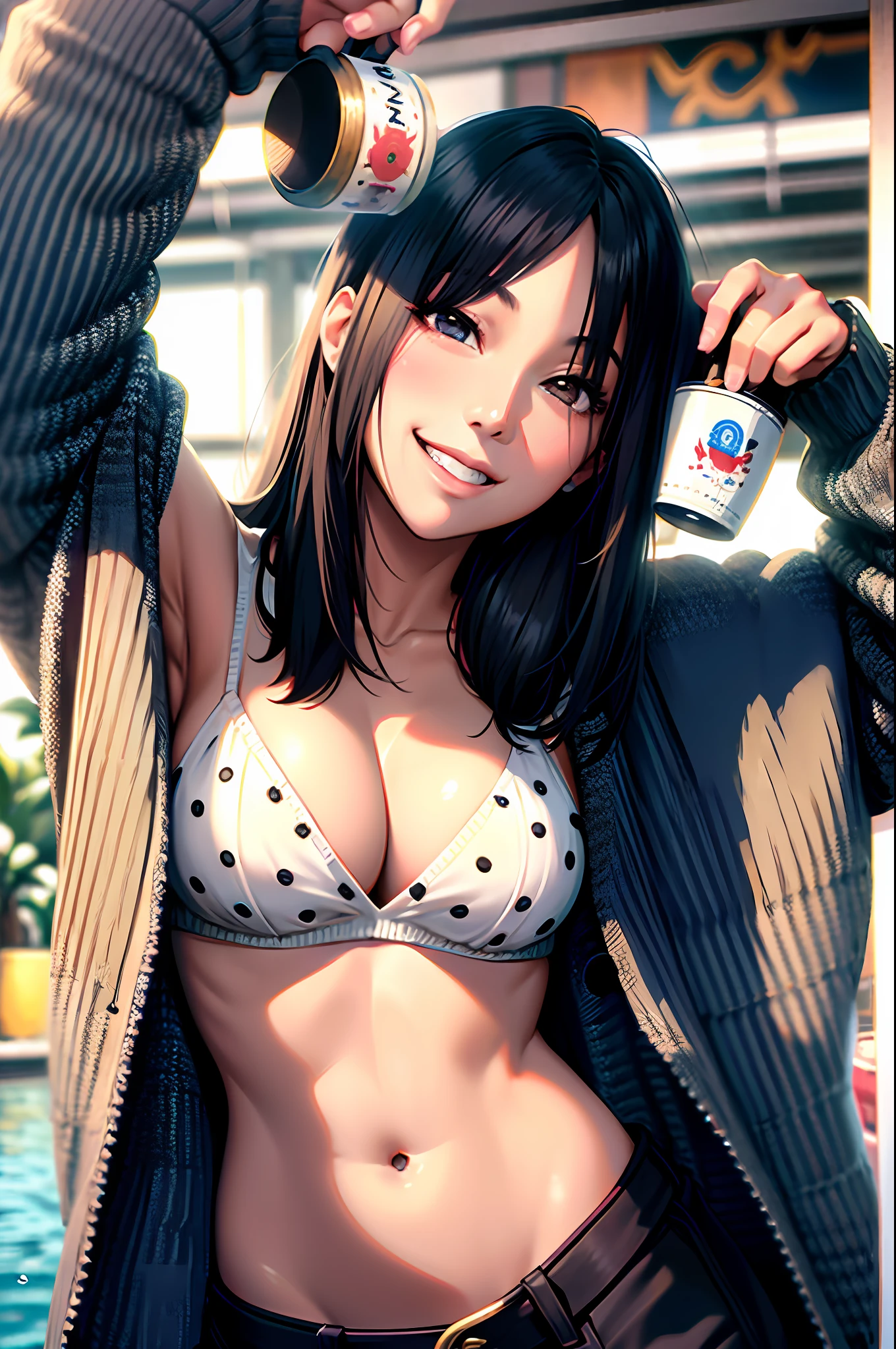 Alafed asian woman in bikini and sweater holding coffee mug, young cute gravure idol, young sensual gravure idol, realistic young gravure idol, young gravure idol, young thin gravure idol, cute seductive smile, Japan model, sophisticated gravure idol