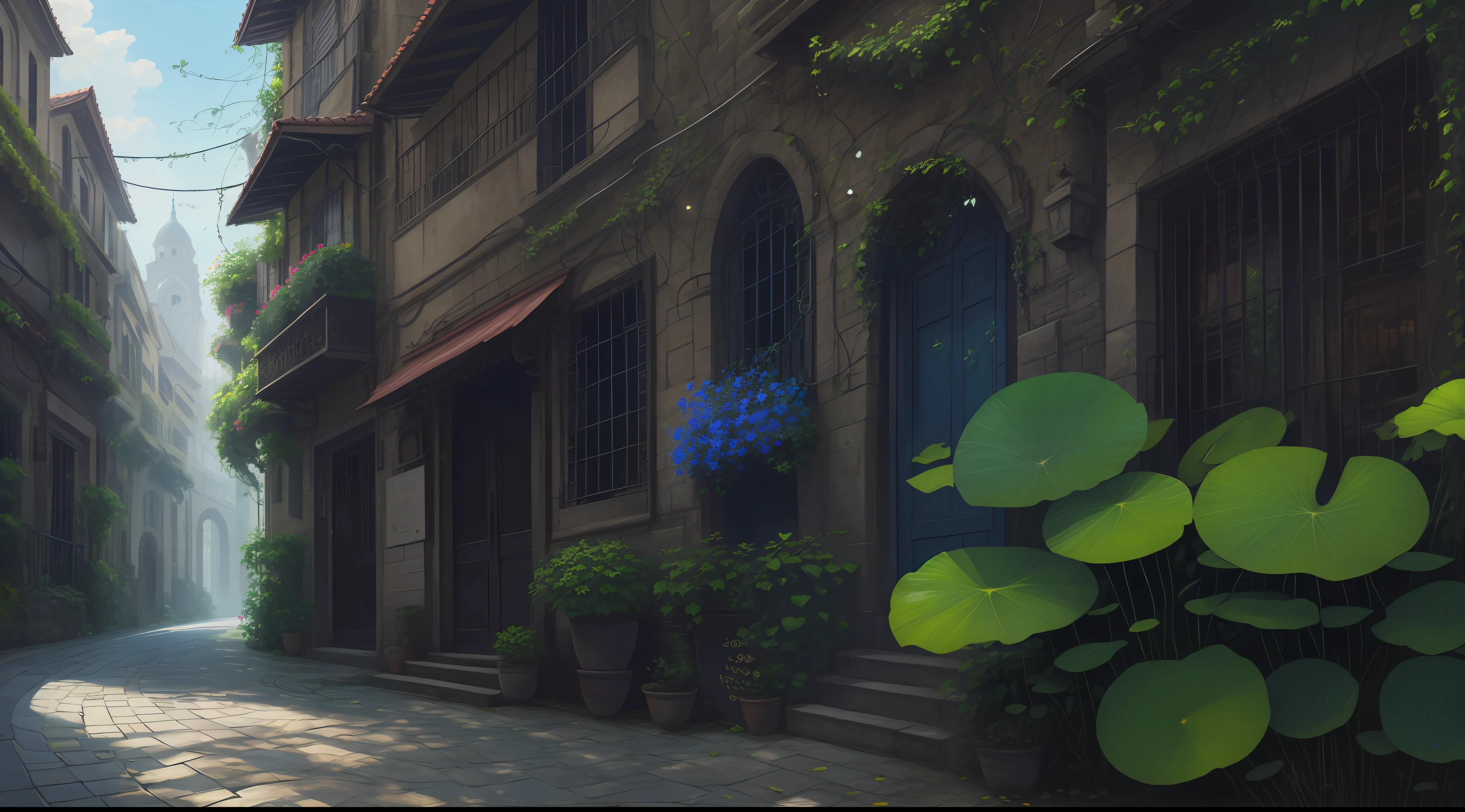 lotus flowers and leaves, (realistic), best quality, dynamic colors, swirls, architectural streets, a character portrait, blue eyes, vines, landscape, clear sky, black colors, chains connected to rings, digital painting, ultra high res,