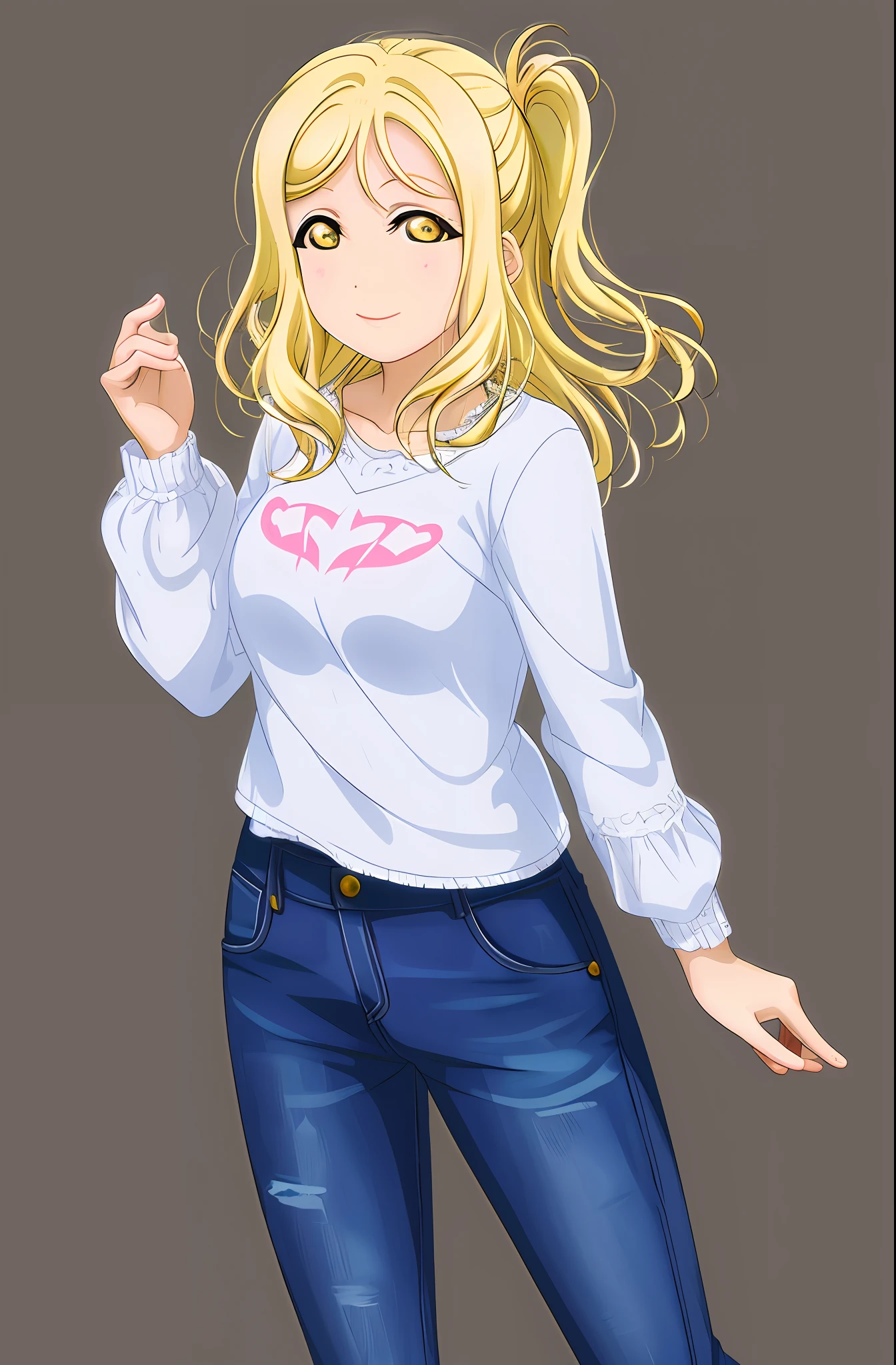 masterpiece, best quality, red long-sleeved shirt, denim pants, blonde hair, greenish yellow eyes, Ohara Mari from Love Live, simple background