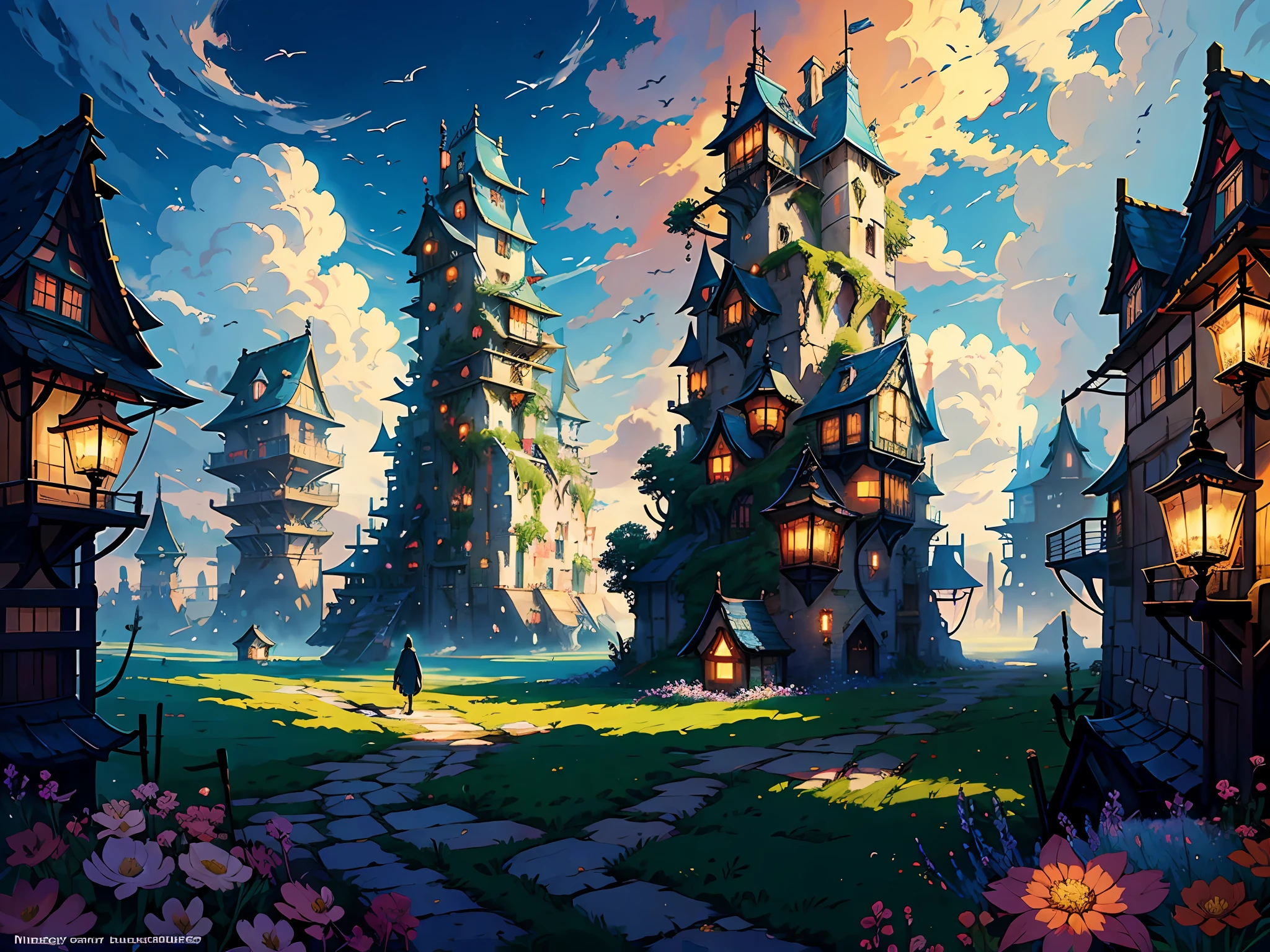 (Fantasy: 1.2), color (Hayao Miyazaki style), sky city, (irregular building floating in the air), patchwork houses, flower decorations, lights, concept art inspired by Andreas Rocha, Artstation contest winner, fantasy art, ross tran, light shafts, realistic lighting, masterpiece, high quality, beautiful graphics, high detail, masterpiece, high quality, beautiful graphics, high detail, --v6