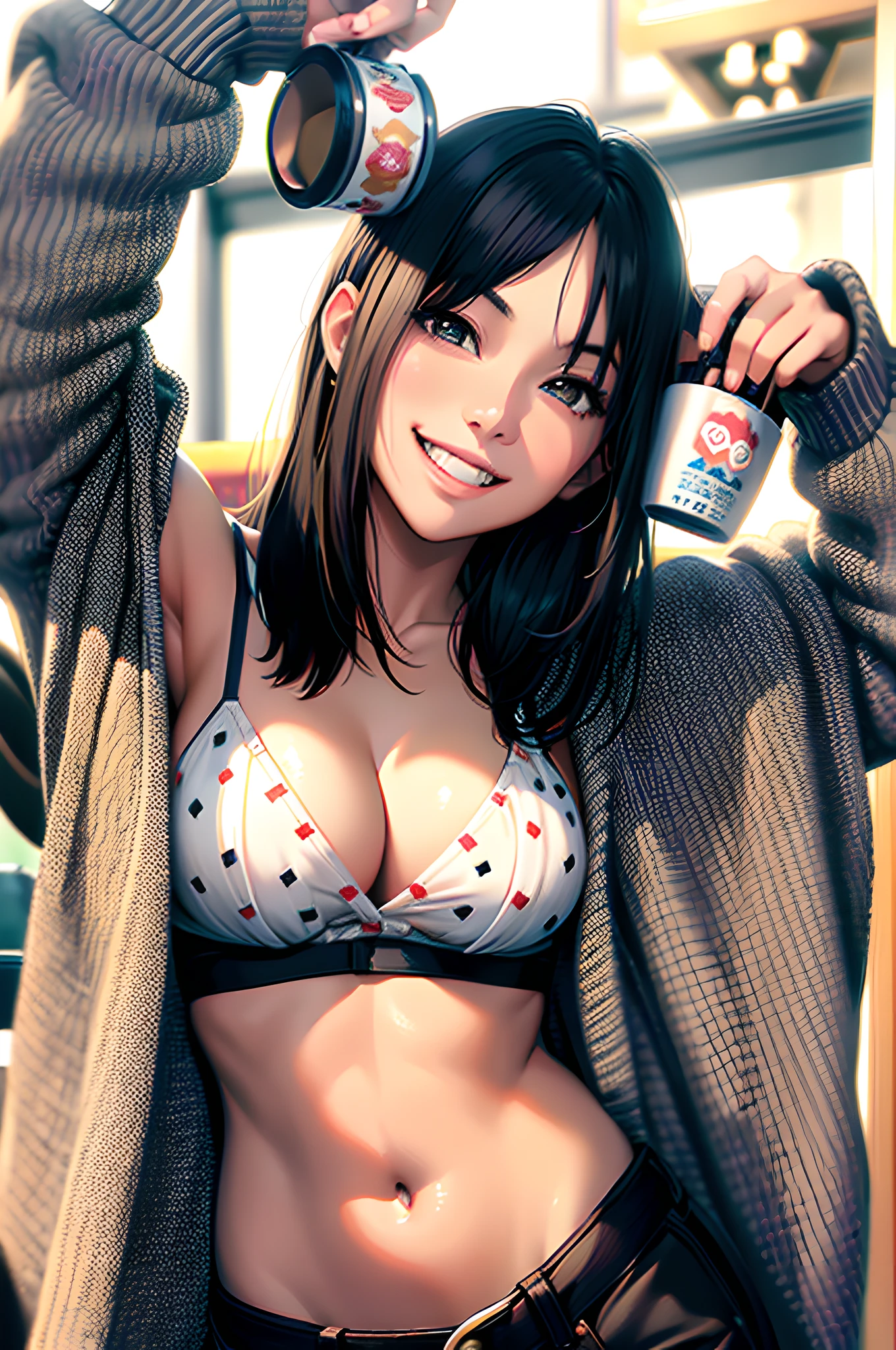 Alafed asian woman in bikini and sweater holding coffee mug, young cute gravure idol, young sensual gravure idol, realistic young gravure idol, young gravure idol, young thin gravure idol, cute seductive smile, Japan model, sophisticated gravure idol