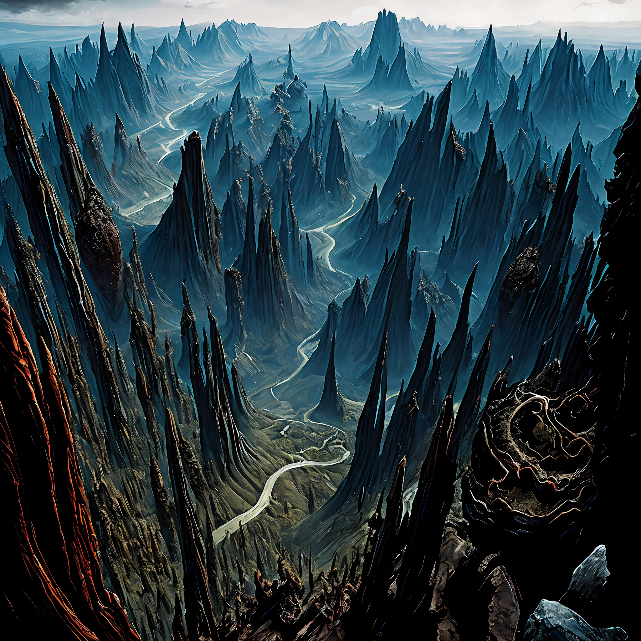 Wide angle, view from the top of the peak: Madness landscape of darkness, evil creatures, biomorphic alien monuments, horror art, hyperdetailed, Intrincated details, digital painting, perfect illustration maximalist