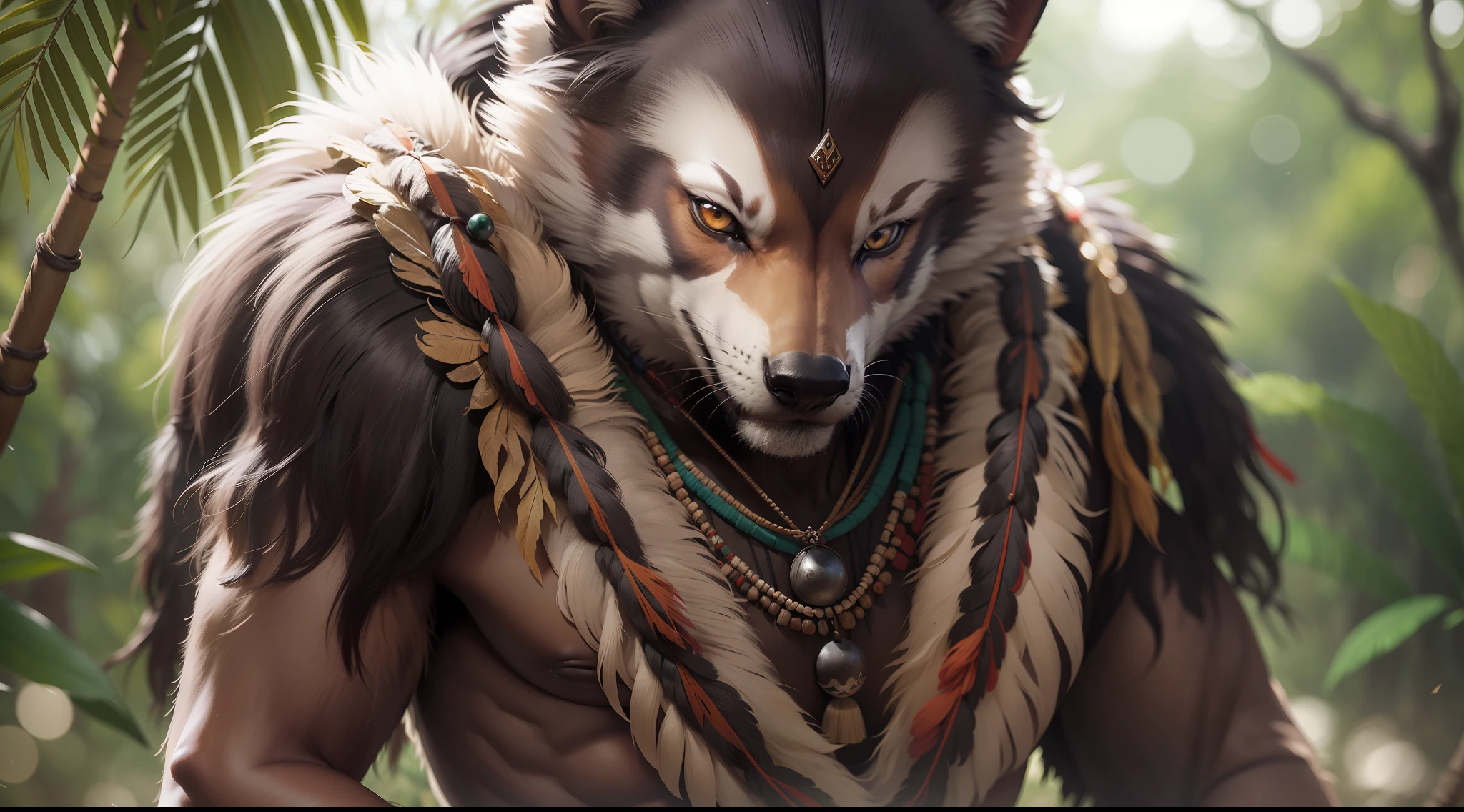 Káiri. Káiri, tribes, indios, indio cabeça de lobo, floresta amazonica, indios, werewolf with indigenous costumes, late eighteenth century, realism, photo realism, 8k, 80mm, f/1.8