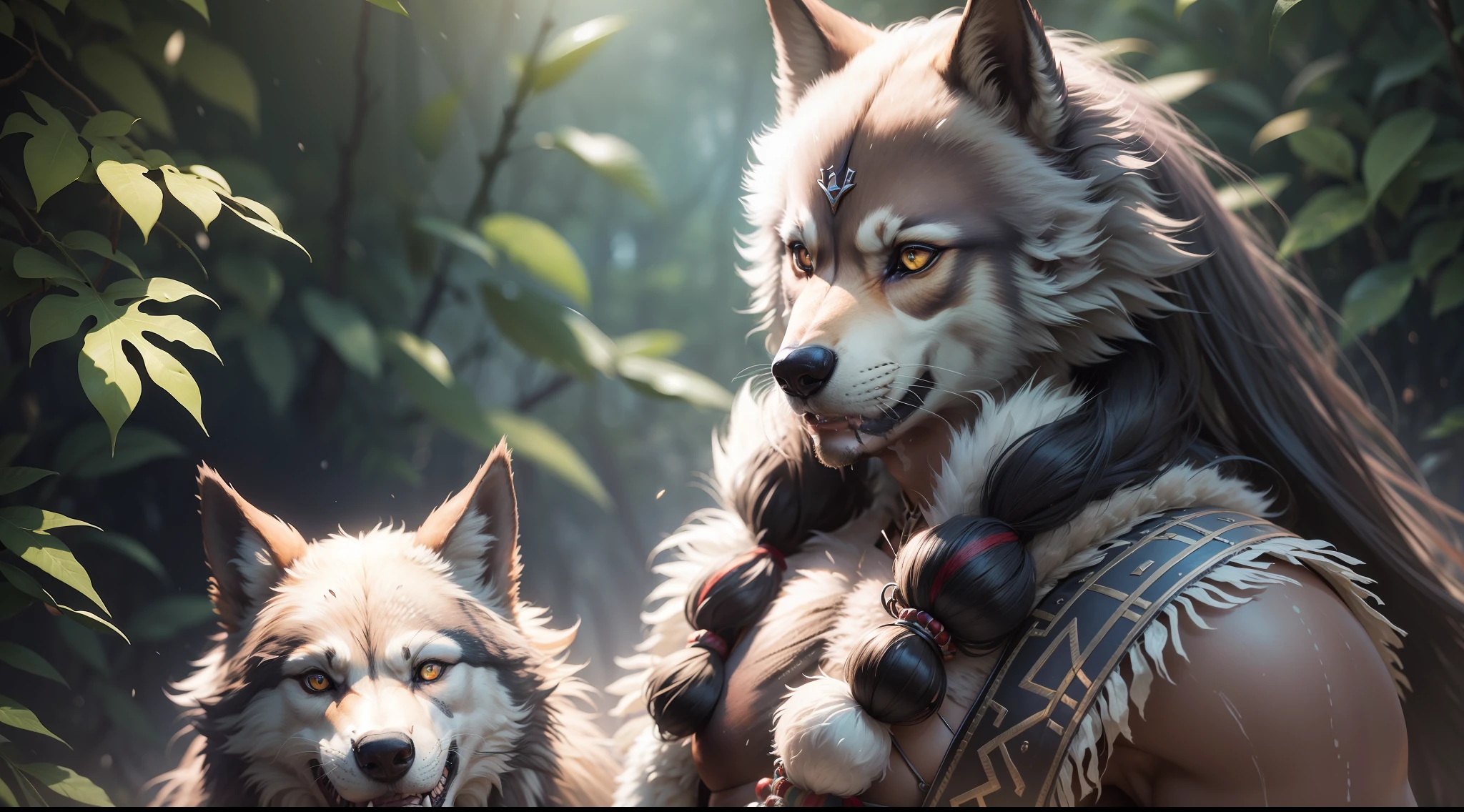 Káiri. Káiri, fking_scifi_v2, werewolf, werewolf wolf, tribes, indios, indio head of wolf, amazon forest, indios, werewolf with indigenous costumes, late eighteenth century, realism, photo realism, 8k, 80mm, f/1.8