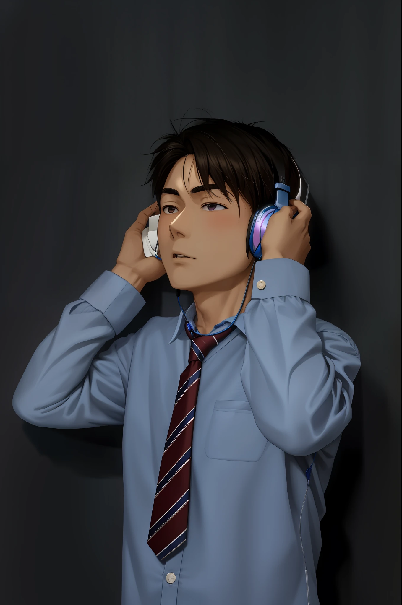 arafed asian man in blue shirt and tie talking on cell phone, portrait of a japanese teen, wearing a headset, wearing headphones, with headphones, wearing headset, with head phones, teenage boy, he has headphones, by Kamisaka Sekka, wearing modern headphone, male teenager, naoki ikushima, by Kiyohara Tama