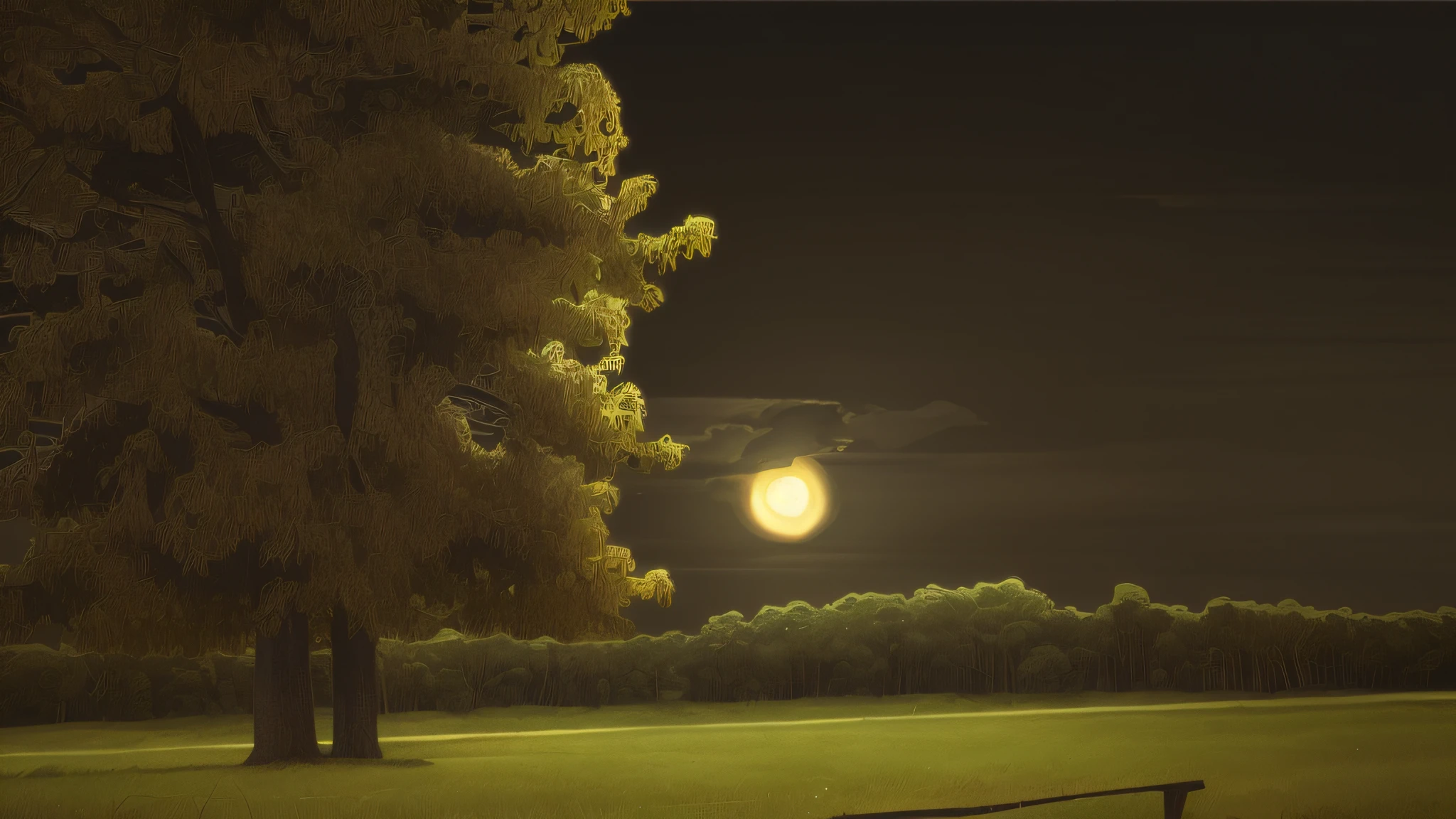 there is a bench in the grass near a tree, several cows under the tree, giant full moon, big moon in the background, full moon in the background, big moon in the background, full moon in the background, with full moon in the sky, moon in the background, moon in the background!, the moon in the background, (moon in the background), ultra realistic, intricate details,  4k