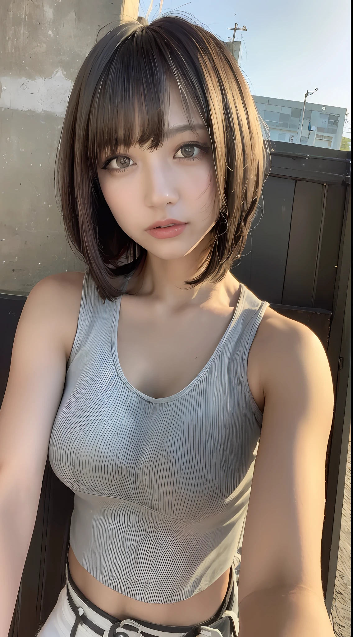 ((Best quality, 8k, Masterpiece :1.3)), Sharp focus :1.2, A pretty woman with perfect figure :1.4, Slender abs :1.2,dark skin, ((Layered haircut, Big breasts :1.2)), (Tank top shirt :1.1), (Street :1.2), Highly detailed face and skin texture, Detailed eyes, Double eyelid