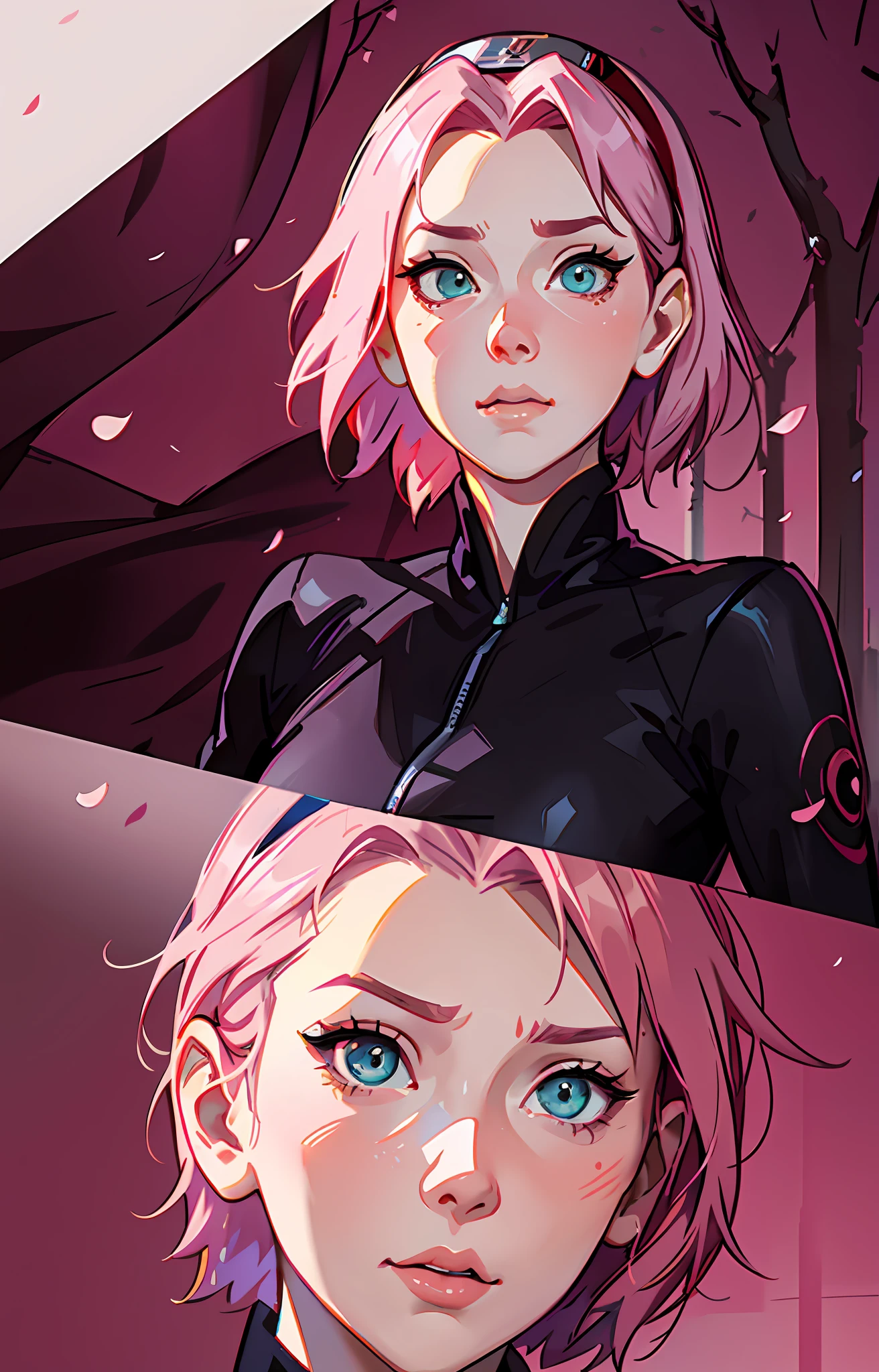 Sakura haruno, ANIME NARUTO, NINJA, ((forehead the show)), charming,fitness, attractive, wearing a ((red blouse)), pink hair, delicate, young, short hair, detailed face, kissing boyfriend, full body, looking at the viewer, bandana on the head, trend in art by rhads, andreas rocha, rossdraws, makoto shinkai, laurie greasley, lois van baarle, ilya kuvshinov and greg rutkowski