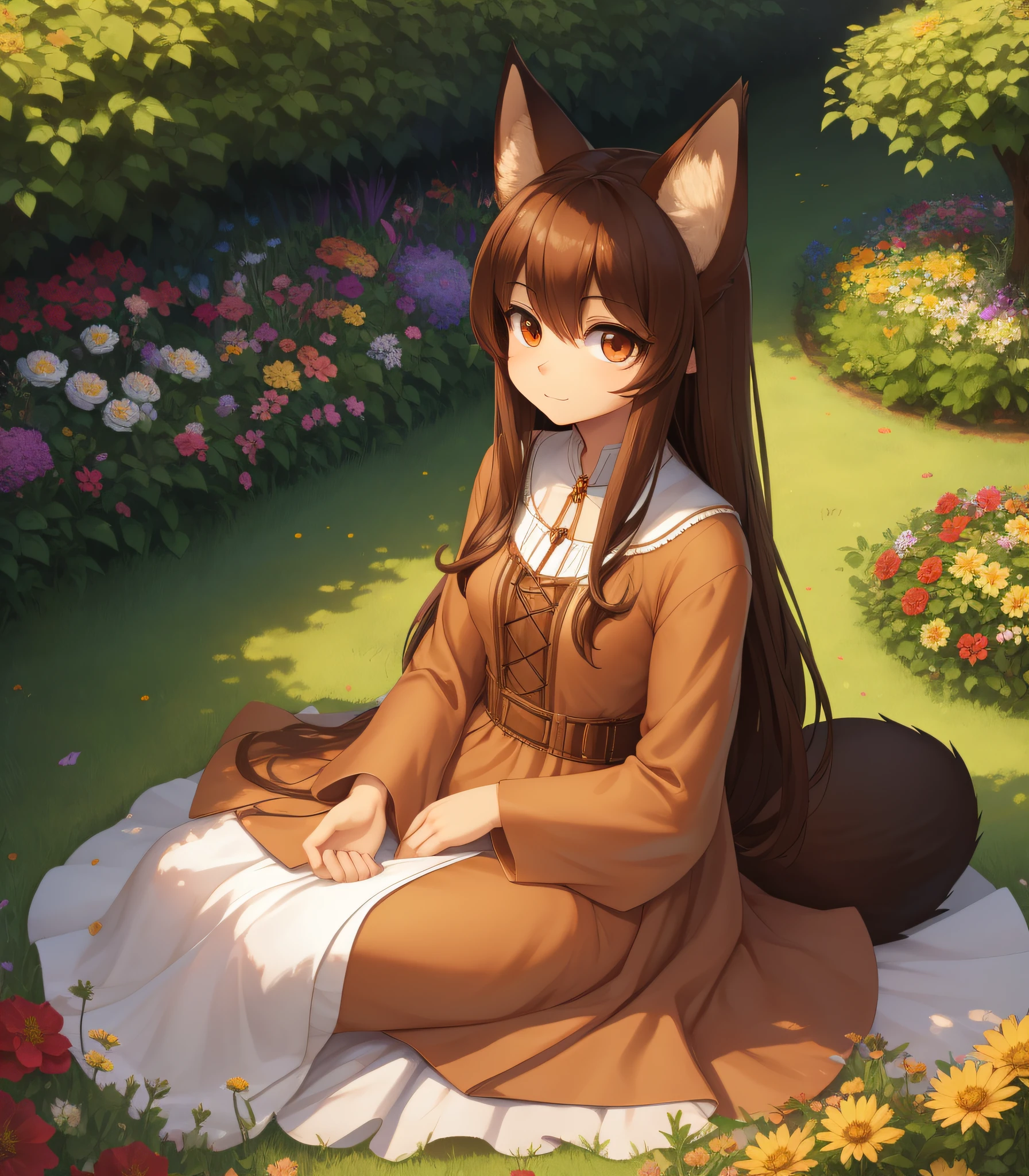 fox, (monster girl), long brown ears with darker brown inside, brown fur, tan neck fluff, brown fluffy tail with a tan tip, large brown eyes, wearing modest clothing, sitting in a flower garden, masterpiece, best quality