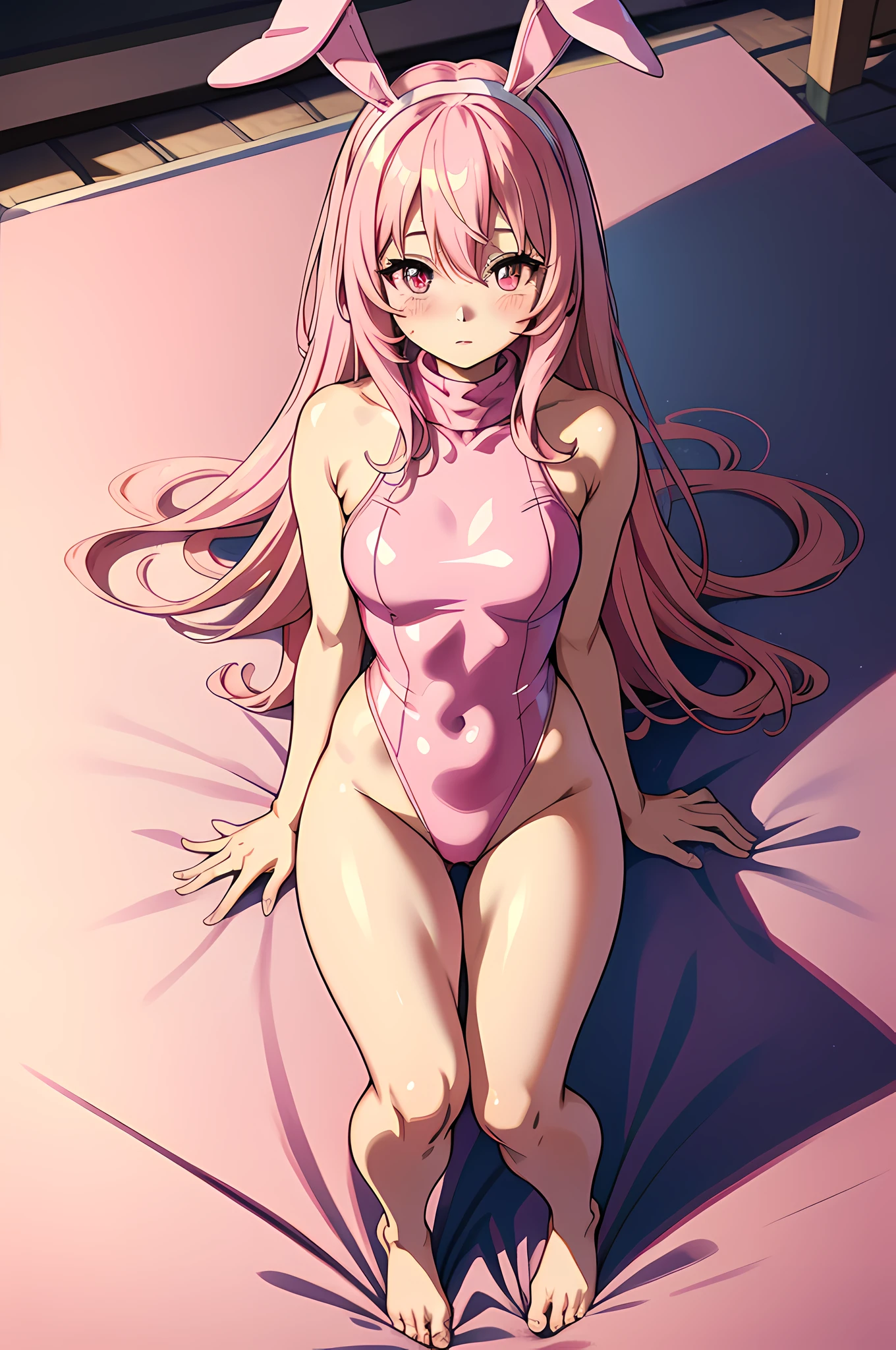 Anime girl with pink hair and bunny ears with a pink turtleneck leotard, pink eyes, shy blush,uncovered legs,uncovered thighs.full body, barefoot, feet,