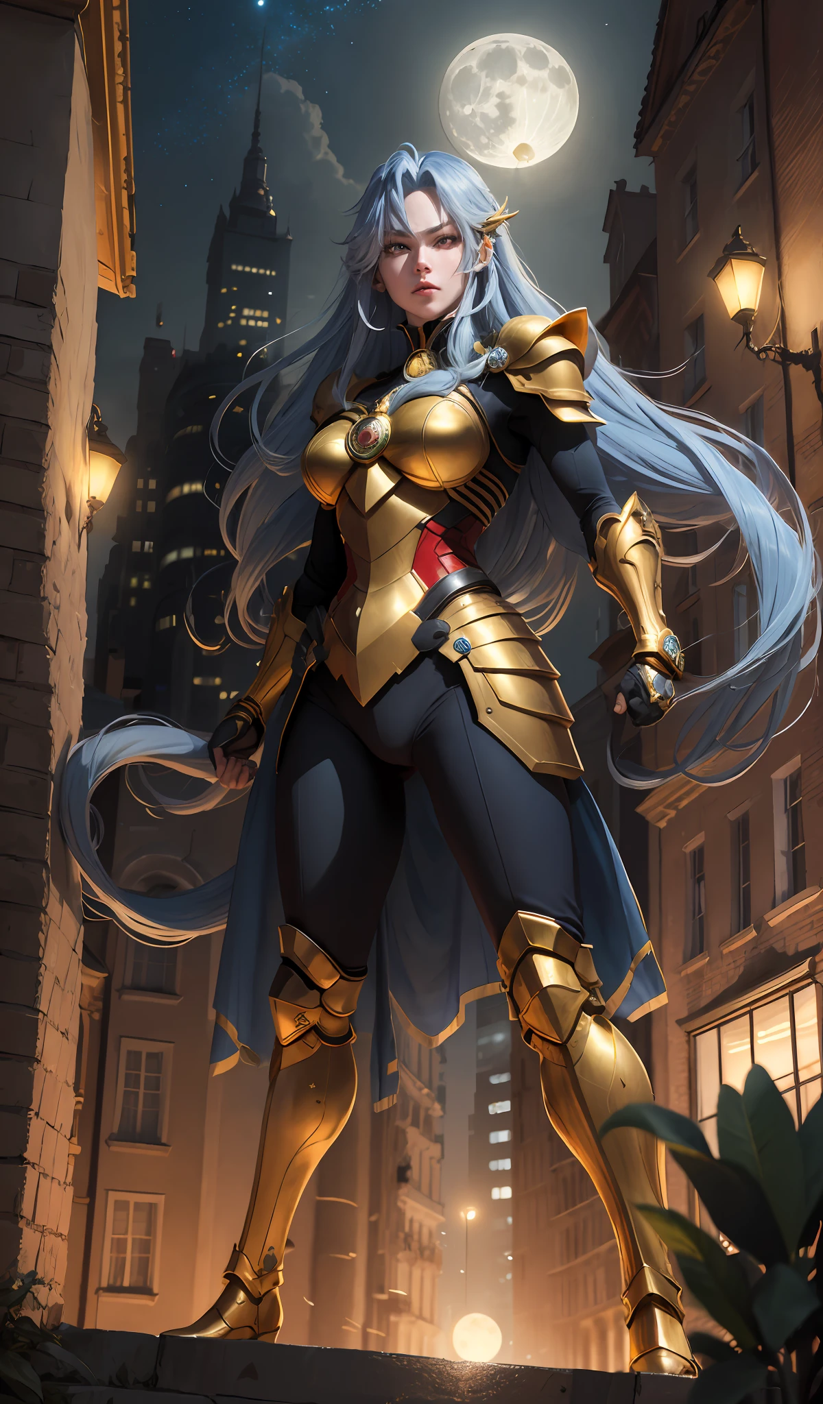 (Masterpiece, 4k resolution, ultra-realistic, very detailed), (Theme of knights of the zodiac, charismatic, there is a girl at the top of the city, wearing a golden gold armor knight of Aries, she is a superheroine), [ ((20 years), (long blue hair:1.2), full body, (red eyes:1.2), ((fighting pose),show of strength), ((sandy urban environment):0.8)| (cityscape, at night, dynamic lights), (full moon))