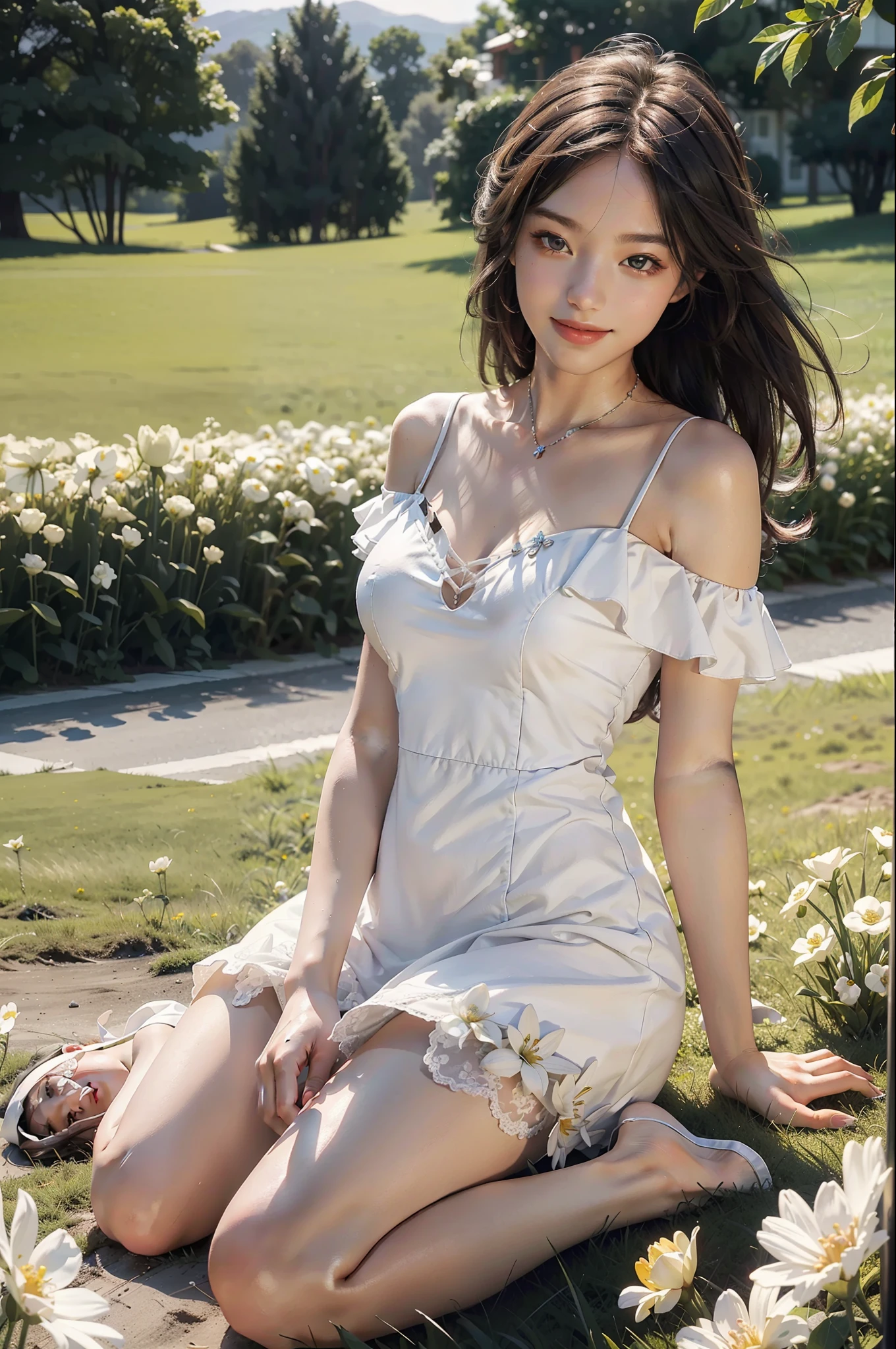 Best Quality, Masterpiece, Ultra High Resolution, (Realism: 1.4), Original Photo, 1Girl, Full Body, Film Rendering, White Dress, Bare Shoulders, Blooming Flower Field, Glowing Skin, Light Smile