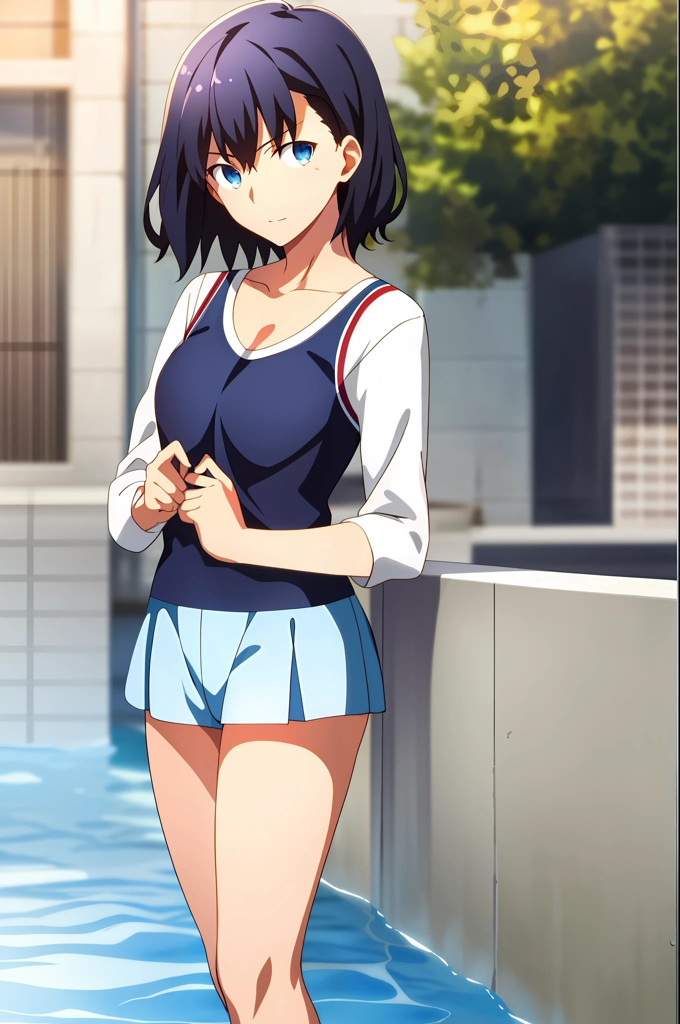best quality, 1girl, solo, looking at viewer, swim suit, black hair, short hair, blue eyes, hair between eyes, ufotable screen cap,