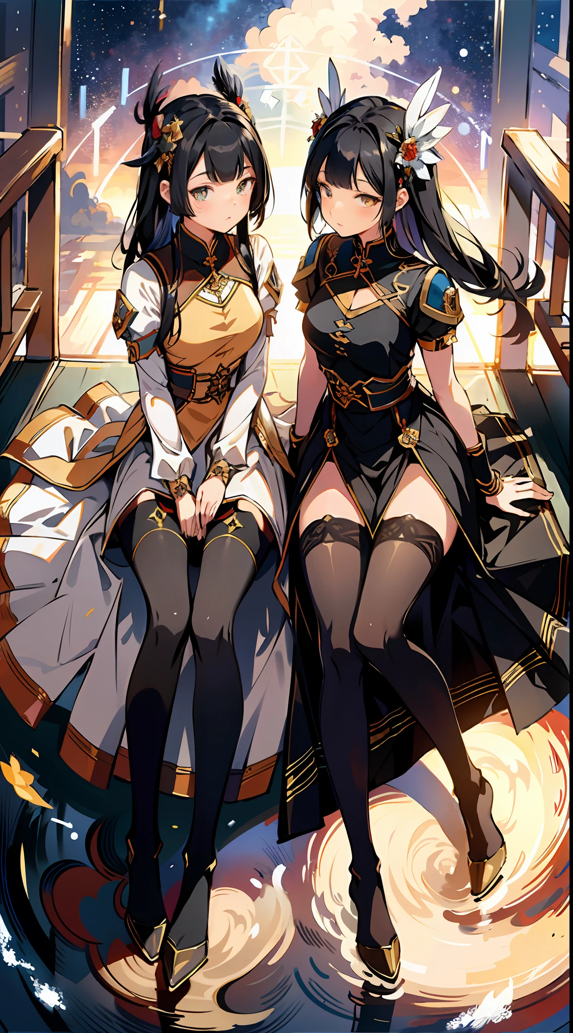 absurd res, high res, (masterpiece:1.4), ultra-detailed, 2girls twin, from above, space, floating, Chinese dress, navy dress, black stockings, black hair, yellow eyes, hose, opposite clothes colour
