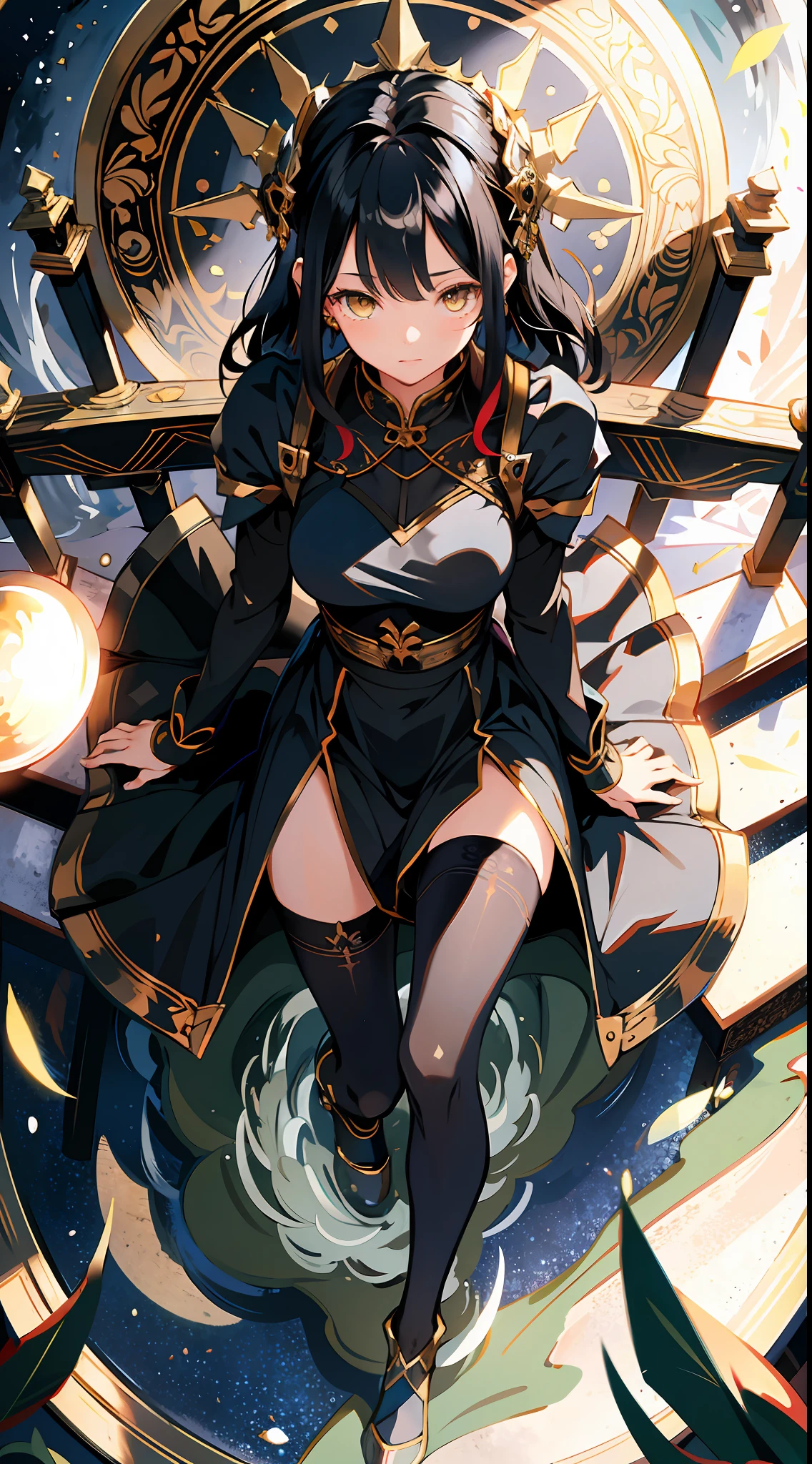 absurd res, high res, (masterpiece:1.4), ultra-detailed, 2girls twin, from above, space, floating, Chinese dress, navy dress, black stockings, black hair, yellow eyes, pantyhose, opposite clothes colour