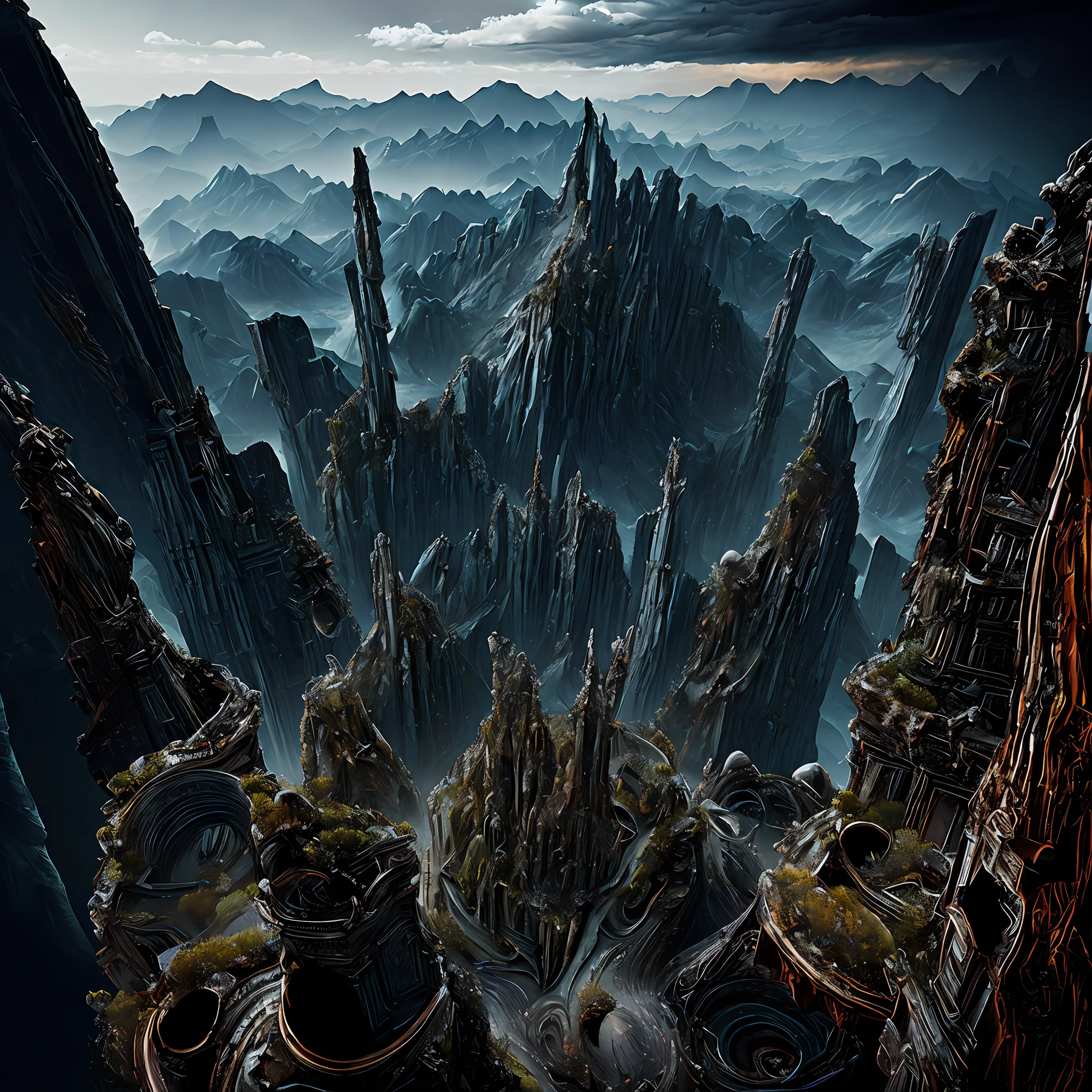 Wide angle, view from the top of the peak: Madness landscape of darkness, biomorphic monuments in different variations, horror art, hyperdetailed, Intrincated details, digital painting, perfect illustration maximalist