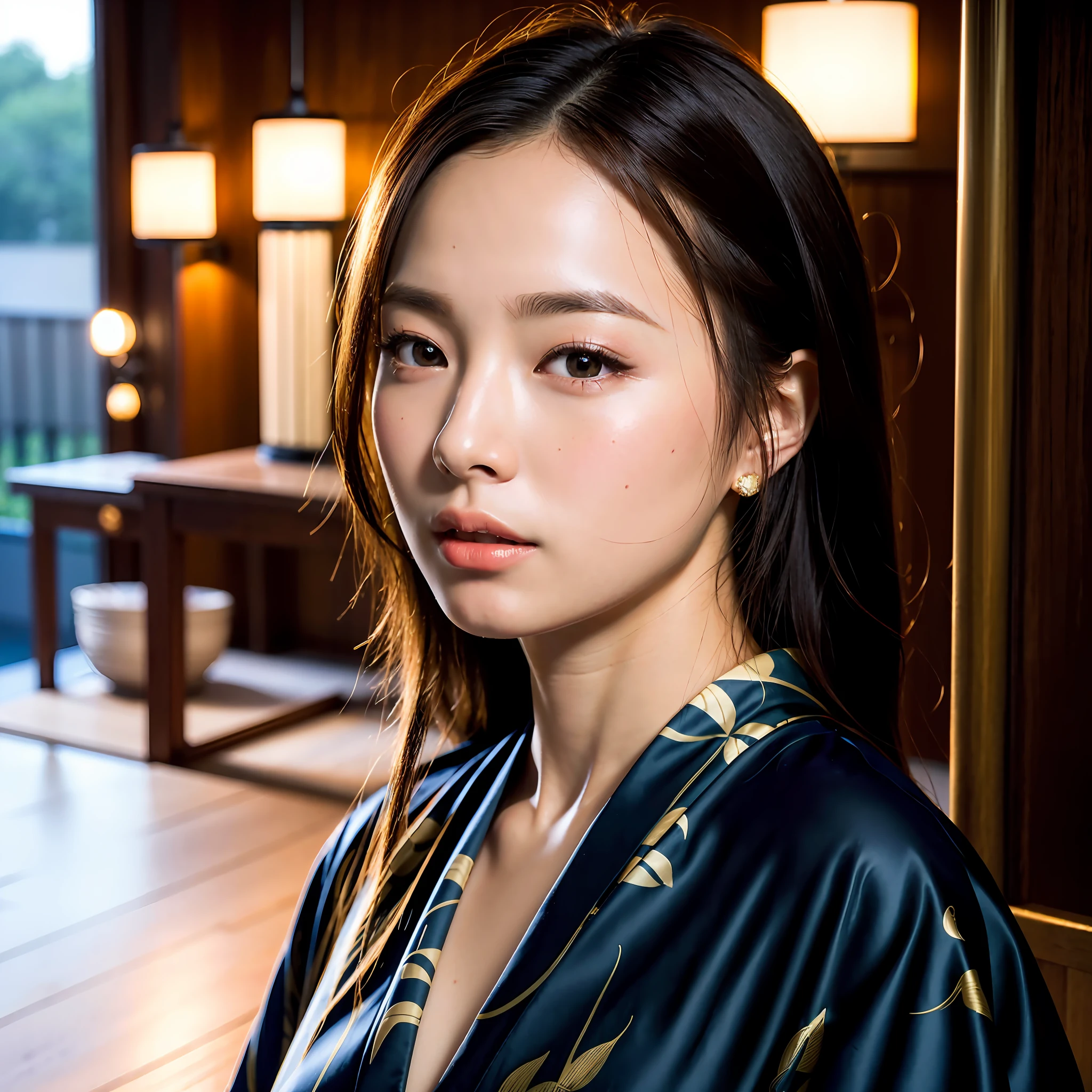 kimono, obi, whole body, (8k, RAW photo, highest quality, masterpiece: 1.2), (realistic: 1.6), (masterpiece), (highest image quality: 1.0), (super high resolution: 1.0), one person, detailed beautiful skin, detailed room, realistic skin, large breasts, fair skin