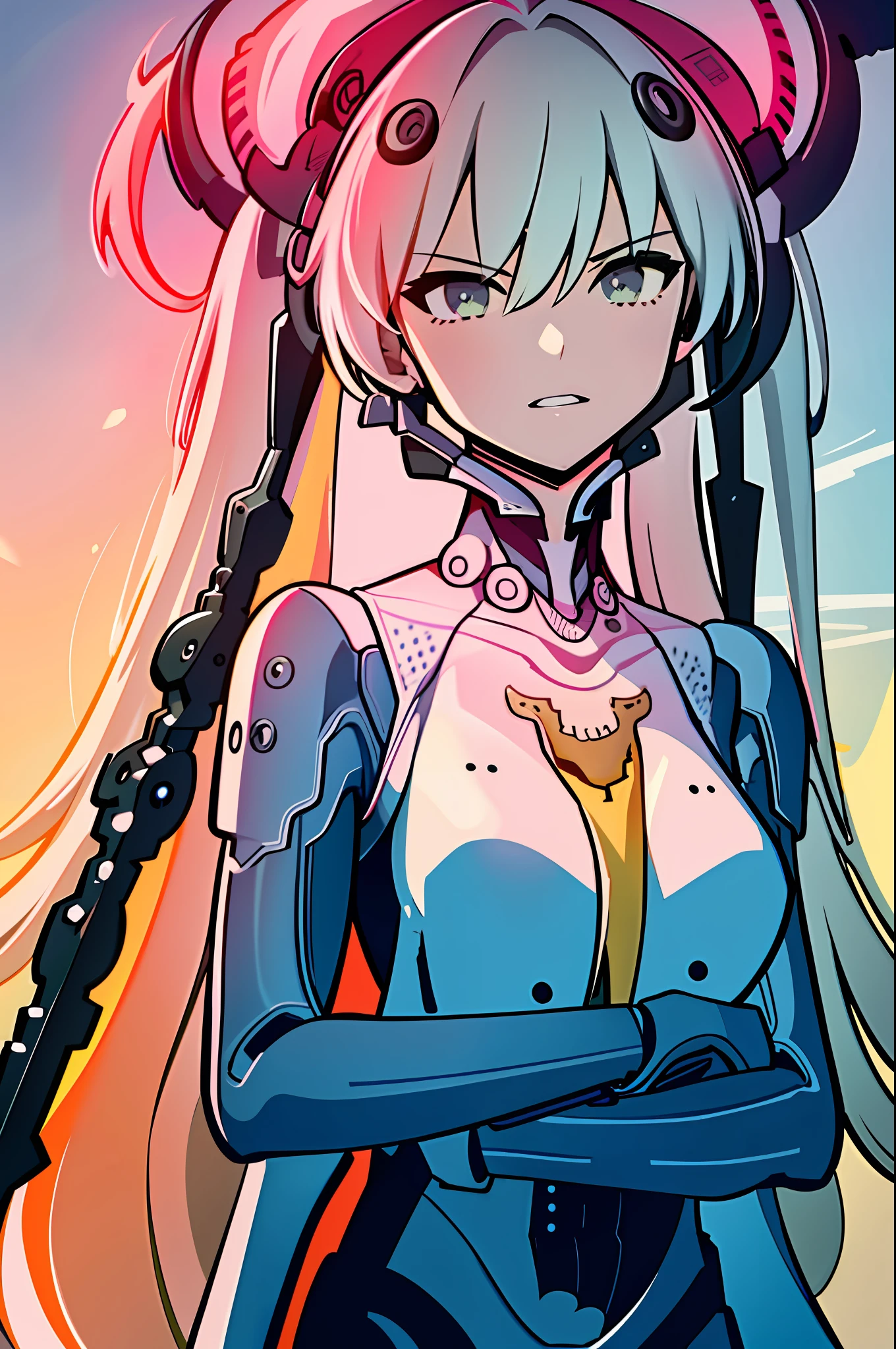 1girl, angry, dress, upperbody, standing, hand on hip, detailed hands, futuristic, robot, masterpiece, cg, official art, illustration, highly-detailed,