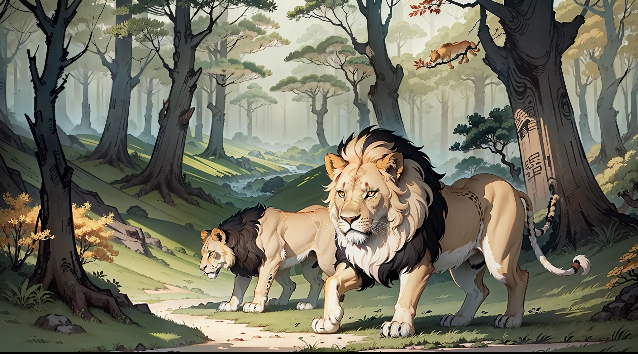 Lion walking in the forest, Lion close-up, Detailed lion, Chinese brush illustration, Chinese painting style, Chinese traditional painting, Chinese traditional ink painting, Chinese style painting, Chinese watercolor style, Chinese ink painting, beautiful artwork illustration, inspired by Kitagawa Utamaro, George Birrell's color scheme