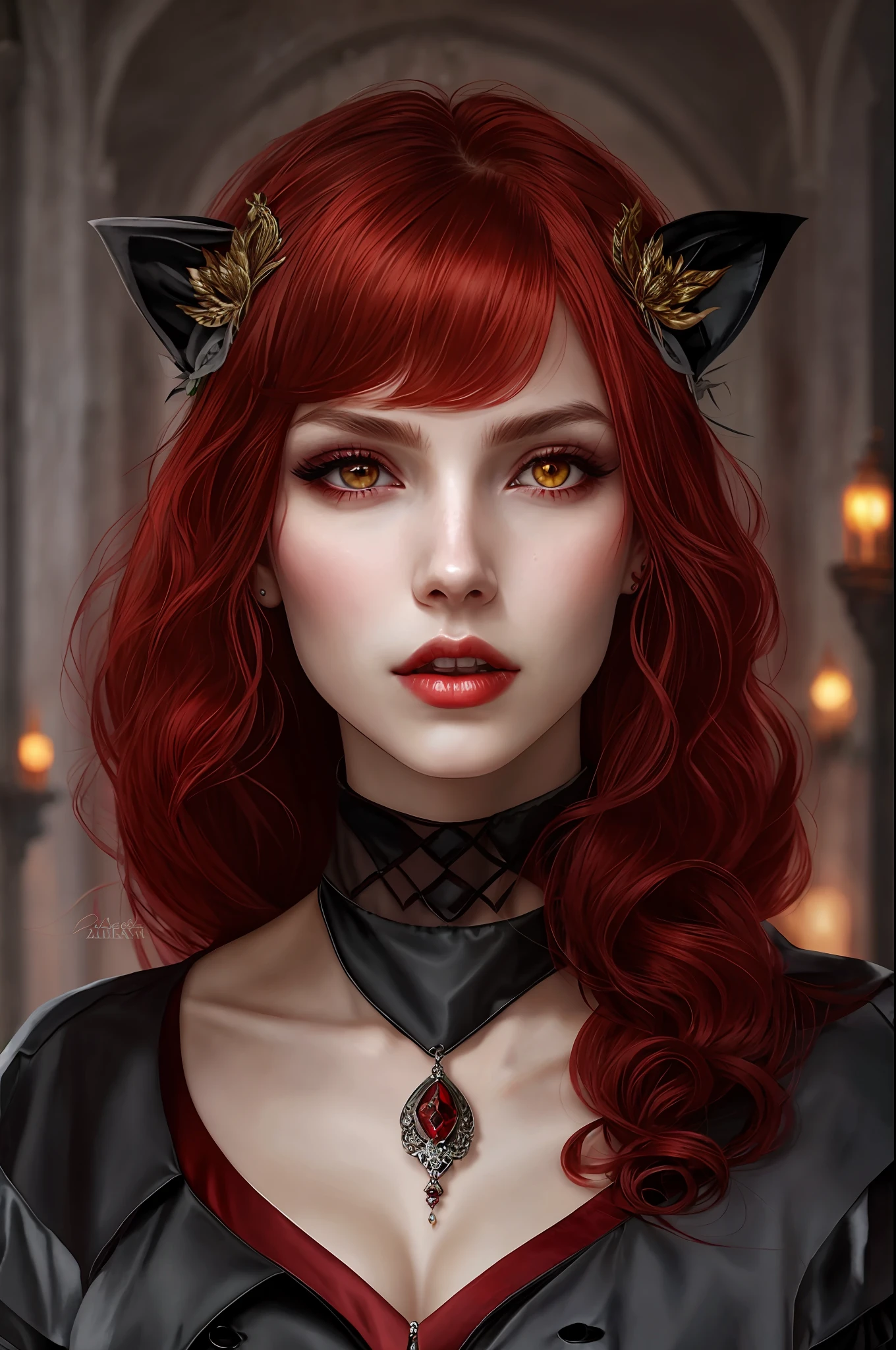 a woman red hair,grey eyes,fair skin,vampire style
