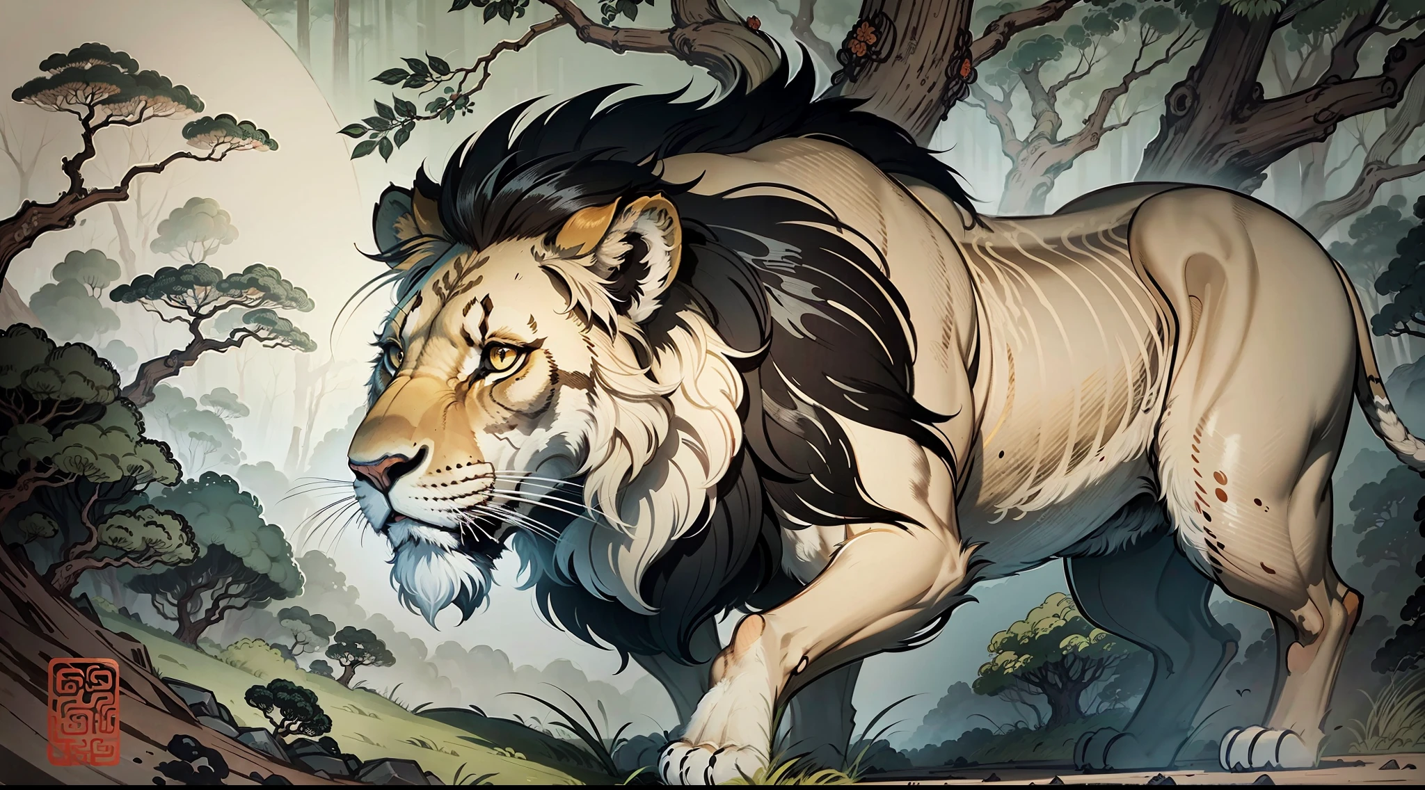 Lion walking in the forest, Lion close-up, Detailed lion, Chinese brush illustration, Chinese painting style, Chinese traditional painting, Chinese traditional ink painting, Chinese style painting, Chinese watercolor style, Chinese ink painting, beautiful artwork illustration, inspired by Kitagawa Utamaro, George Birrell's color scheme