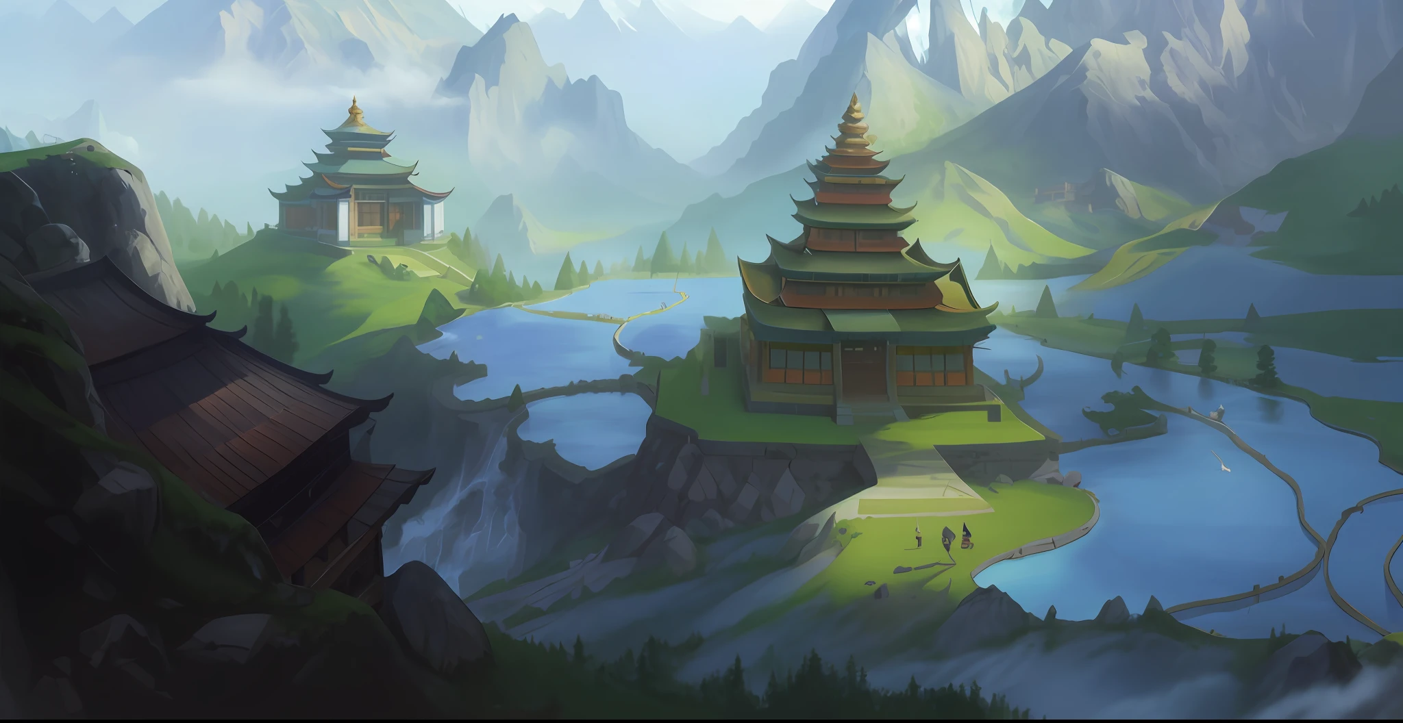 painting of a mountain landscape with a pagoda and a lake, concept art | rhads, concept art. epic landscape, digital painting of a pagoda, legend of korra setting, stylized concept art, digital painting concept art, painted as a game concept art, environment painting, concept art highly detailed, riot games concept art, concept piece