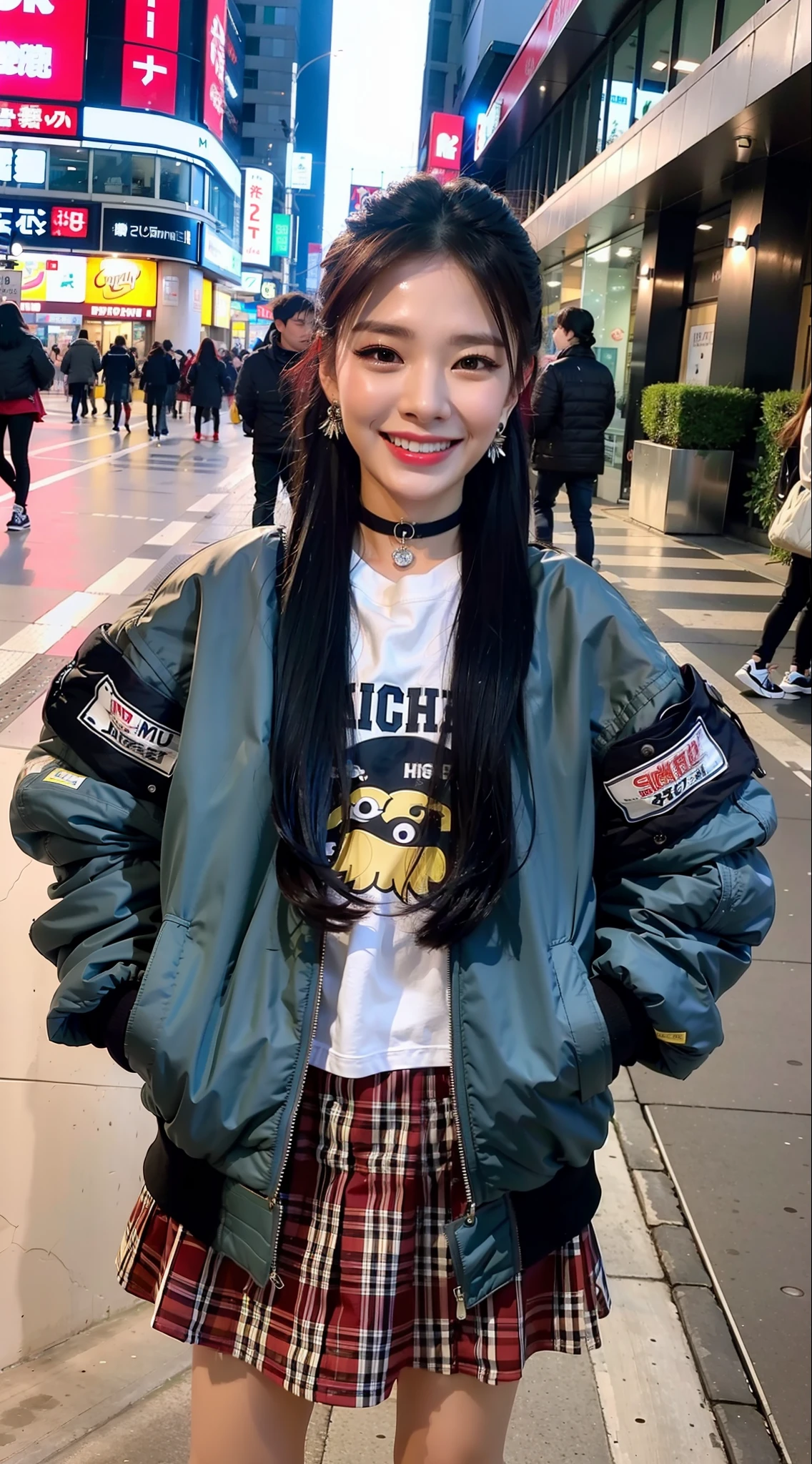 Realistic, Photorealistic, solo, solo focus, cinematic lighting, (tokyo after midnight:1.2), (finely detailed face and beautiful eyes:1.2), (masterpiece:1.5), (best quality:1.2), (dynamic pose:1.3), (punk style:1.2), (red checkered skirt), blue hair, stranded hair, twintail, leather choker, (rugged sweatshirt), (big winter jacket:1.5), long sleeves, (hair clips), red eye makeup, people in background, (piercings:1.1), (street fashion:1.3), looking at viewer, small breasts, slender, (ulzzang-6500:0.4), undercut, (smiling), ((puffy eyes))