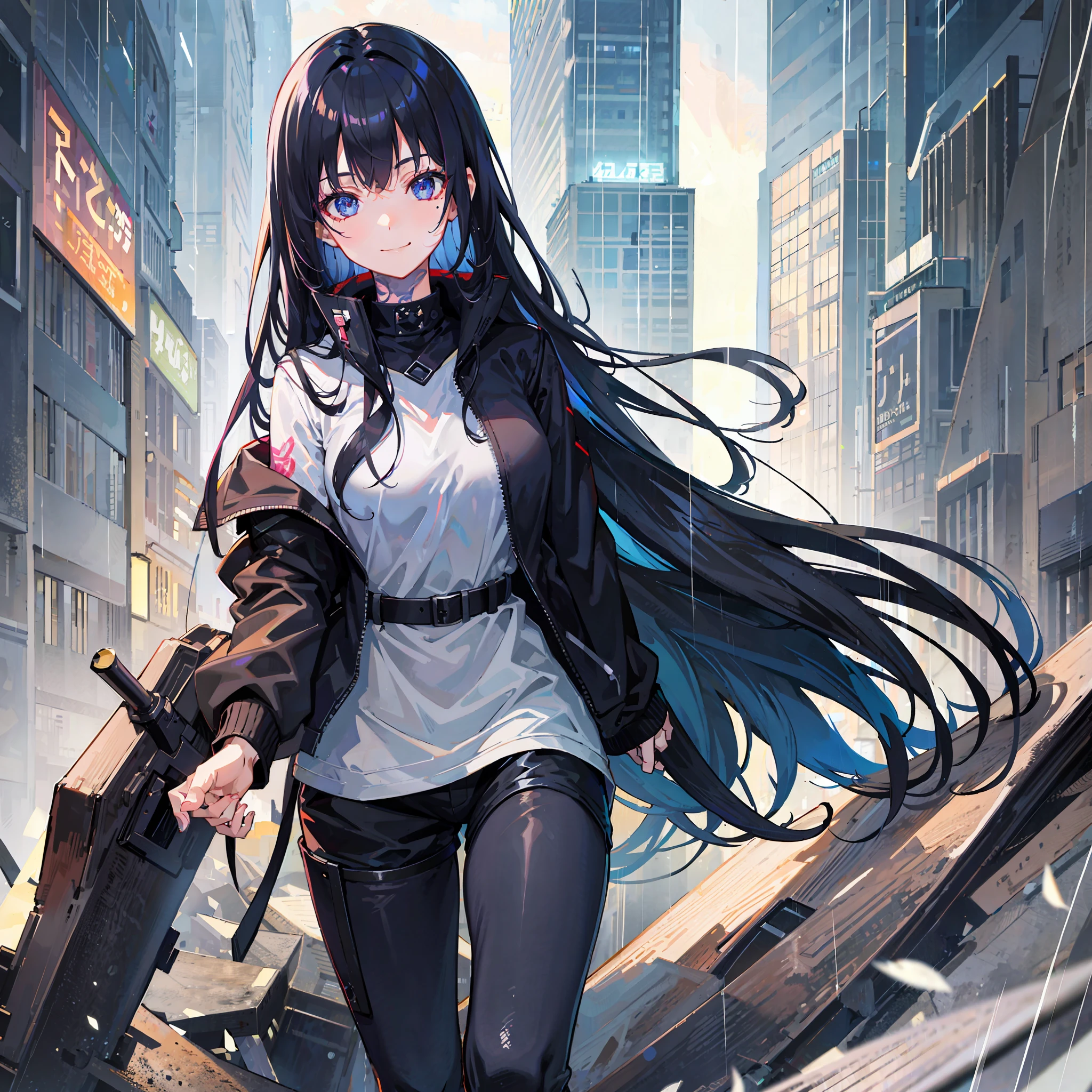 anime, a girl, tattooed arm, black shirt, black jacket, in the city, rain, no umbrella, short clothes long hair, dark blue hair, smiling, anime style, good anathomy, masterpiece, detailed face, best quality